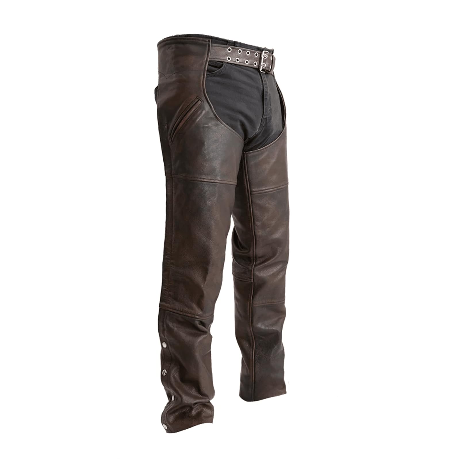 First Mfg Co Dakota Unisex Motorcycle Leather Chaps - Copper Brown Biker Riding Gear for Men & Women - Perfect for Harley Davidson, Cruiser & Adventure Bikes