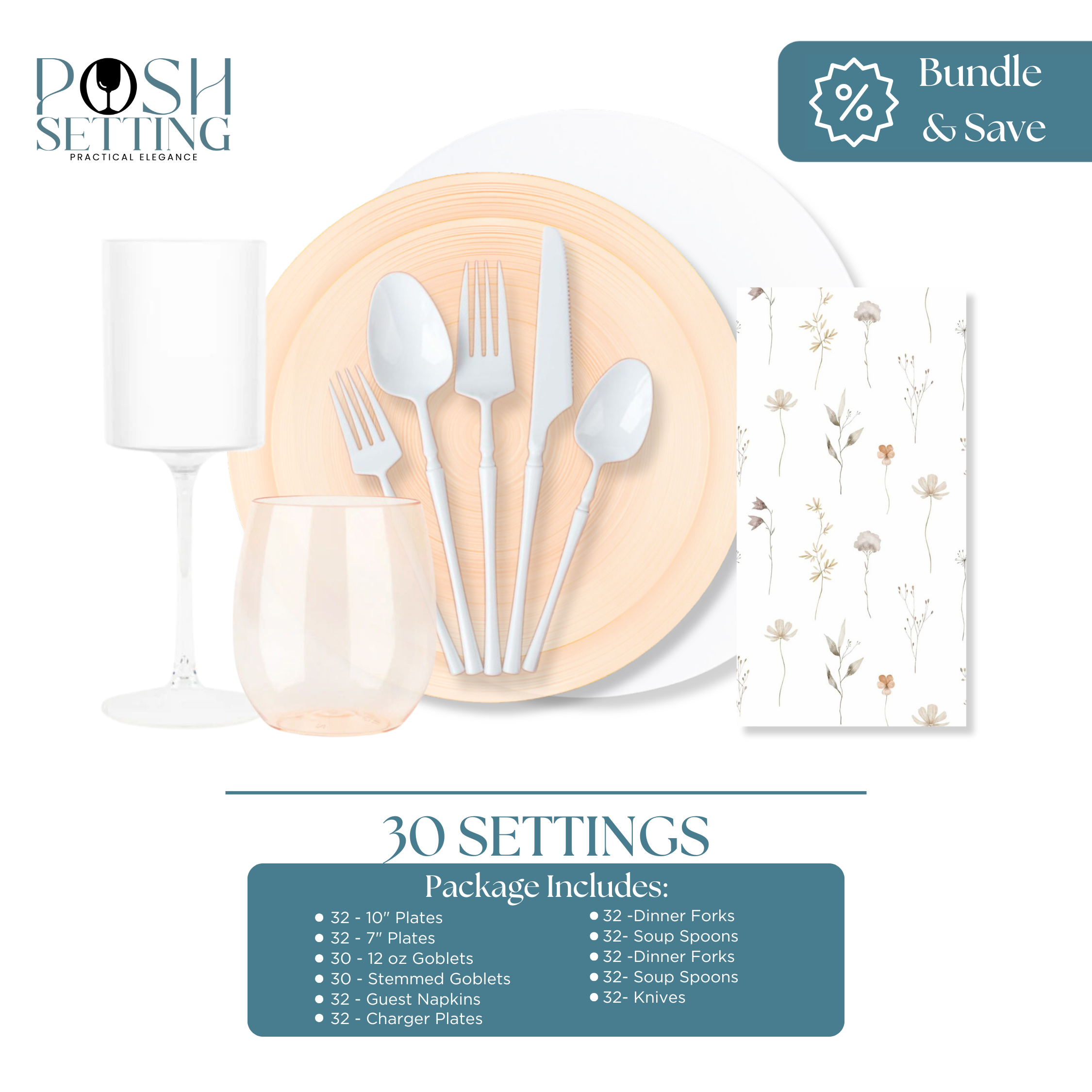 Premium Peach & White Disposable Plastic Party Dinnerware Set - Elegant Crystal Design (30-Piece) for Weddings, Baby Showers & Special Events