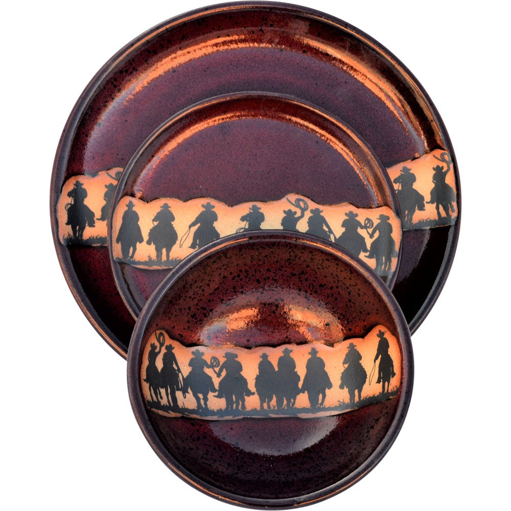 Vintage Cowboy Posse Western Style Dinner Plates Set - Red Ceramic Dishes for Rustic Home Decor, Western Themed Parties & Cowboy Dining Experience