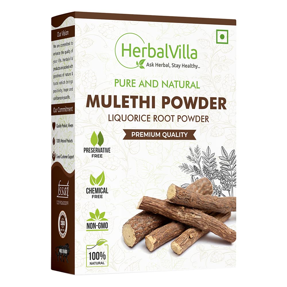 Herbalvilla Mulethi Powder (Yashtimadhu/Licorice Root Powder) - 200g for Skin Whitening, Face Care, Hair Growth & Edible Use | Natural Ayurvedic Remedy for Glowing Skin & Healthy Digestion | Perfect for DIY Beauty Masks & Herbal Teas