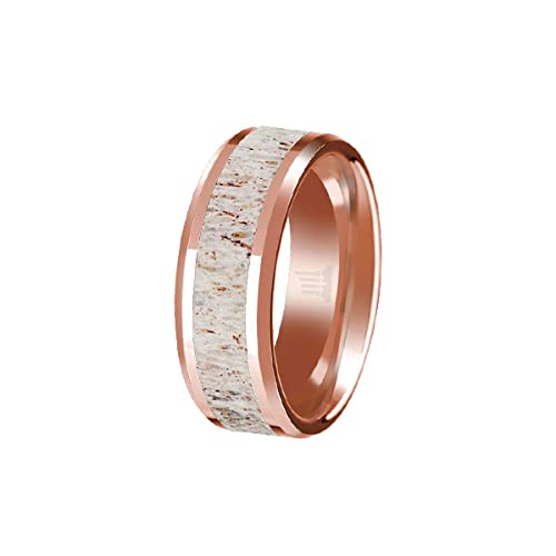 14K Rose Gold Tungsten Men's Wedding Band - Deer Antler Ring with Beveled Edges, Rustic Stag Elk Design, Durable Anniversary & Engagement Ring for Him - Perfect for Outdoor Weddings, Hunting Enthusiasts & Nature Lovers