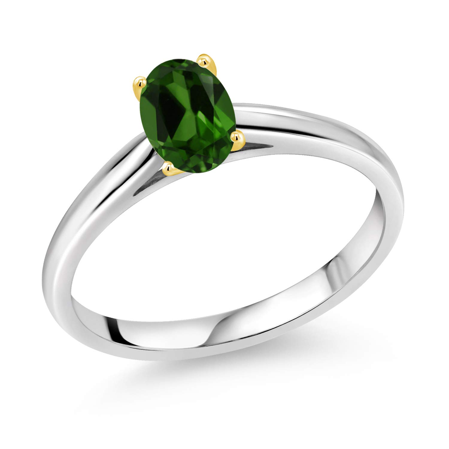 0.55 Ct Natural Green Chrome Diopside Sterling Silver Ring with 10K Yellow Gold Prongs - Elegant Gemstone Jewelry for Women, Perfect for Engagement, Wedding & Anniversary Gifts