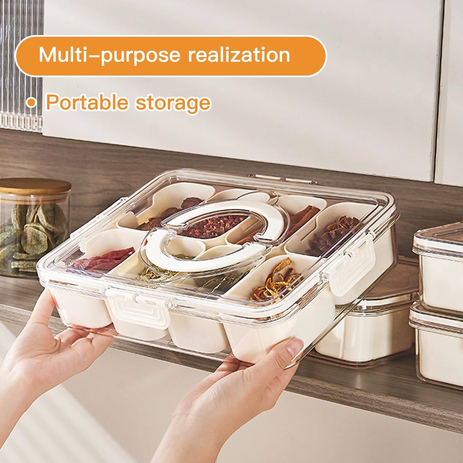 SESAMELESS 8-Compartment Snack Tray with Lid & Handle - Portable Divided Food Container for Snacks, Veggies, Candy & Spices - Perfect for Kitchen, Fridge, Picnics & Parties
