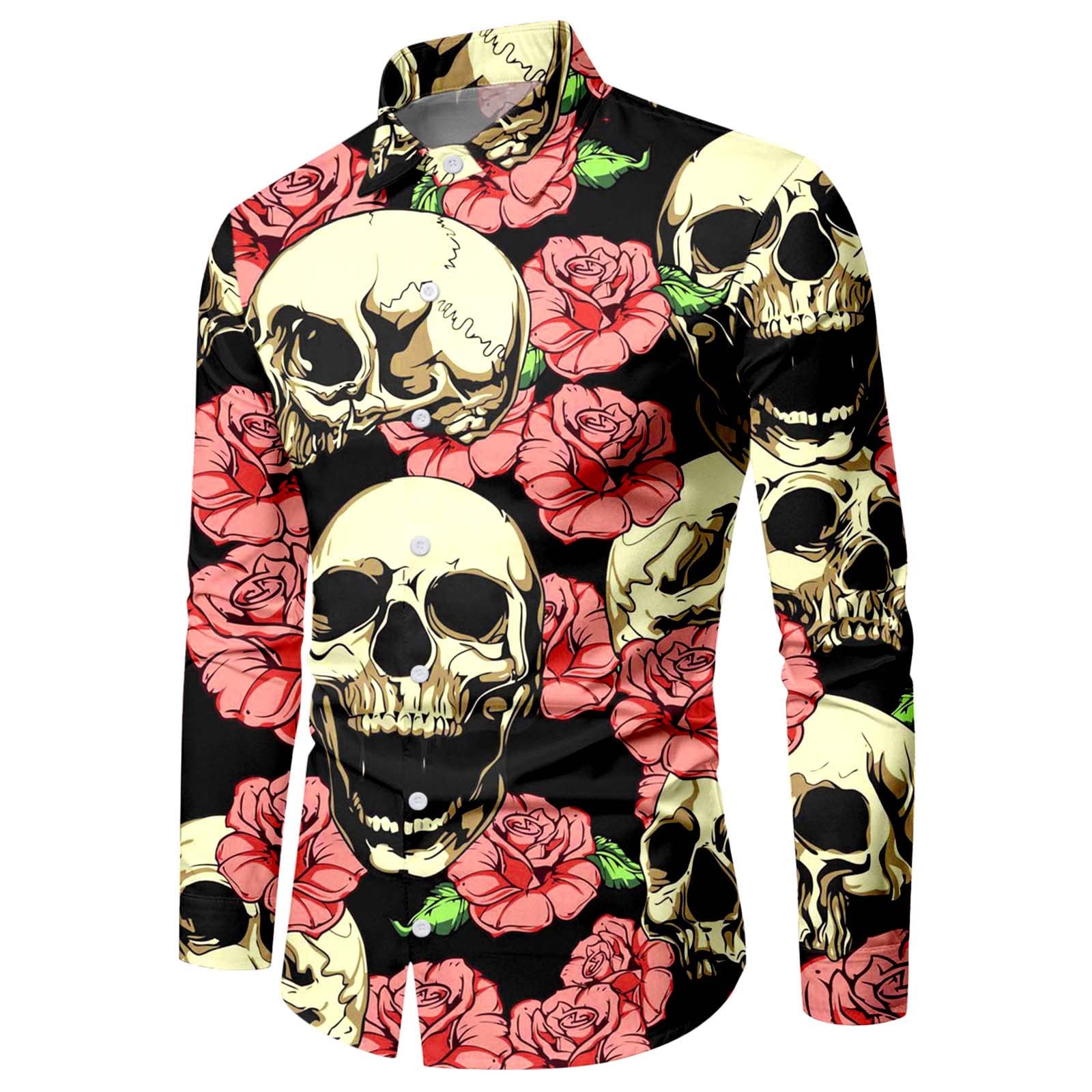Men's Halloween Graphic T-Shirt - Long Sleeve Bone Print Party Shirt with Turn Down Collar | Costume for Halloween Parties, Cosplay & Themed Events