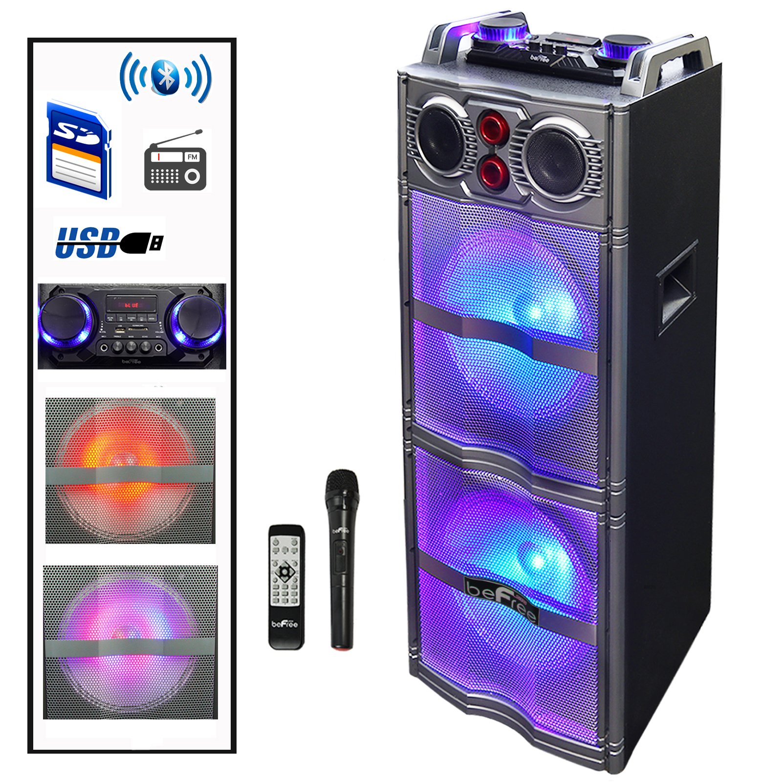 beFree Sound Double 10 Inch Subwoofer - Portable Bluetooth Party Speaker with Reactive LED Lights | Powerful Bass for Outdoor Events, Home Theater & DJ Performances