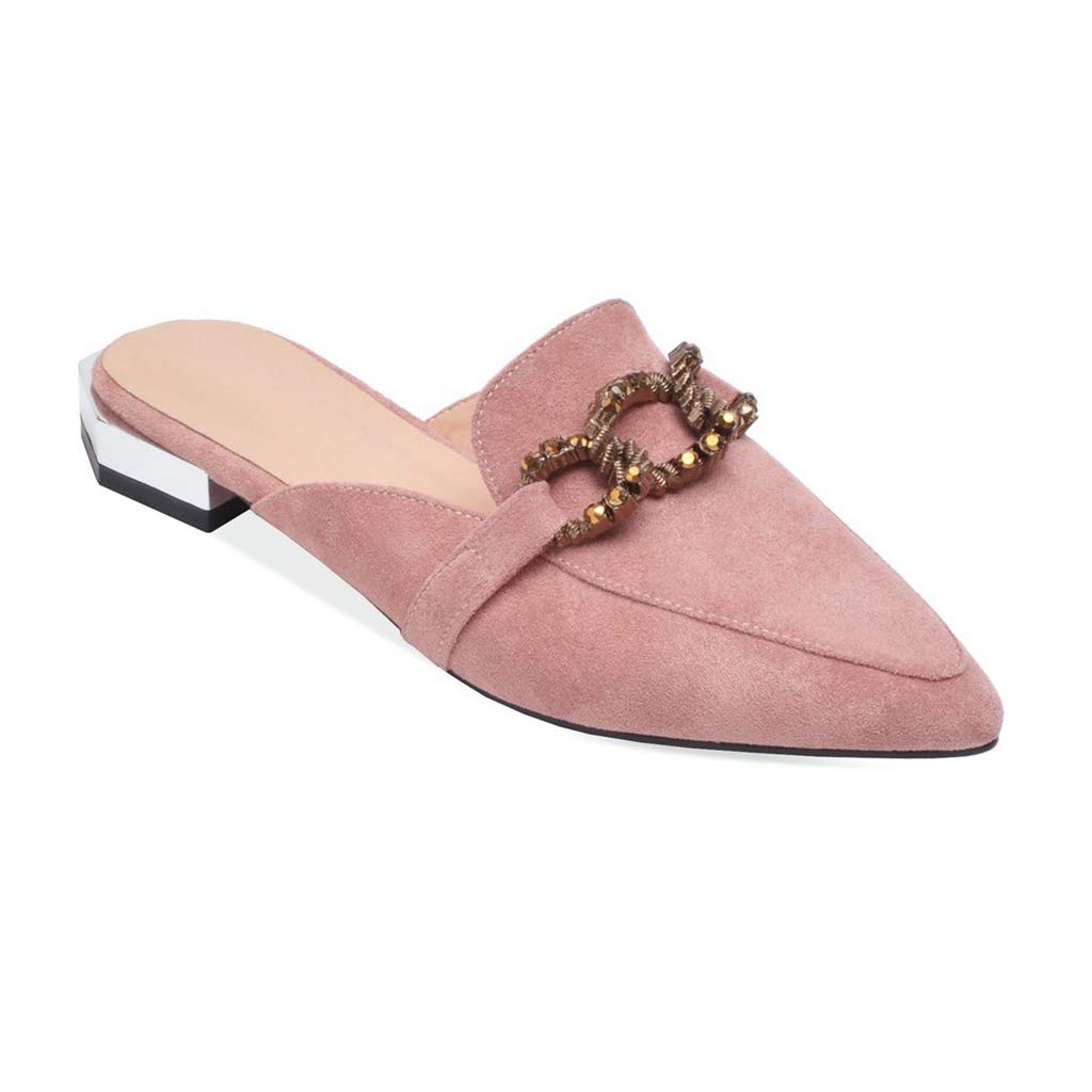 Mioke Women's Pointed Toe Buckle Mules - Flat Slip On Backless Loafers with Low Heel - Comfortable Dress Slippers for Work, Office & Casual Wear (Pink)