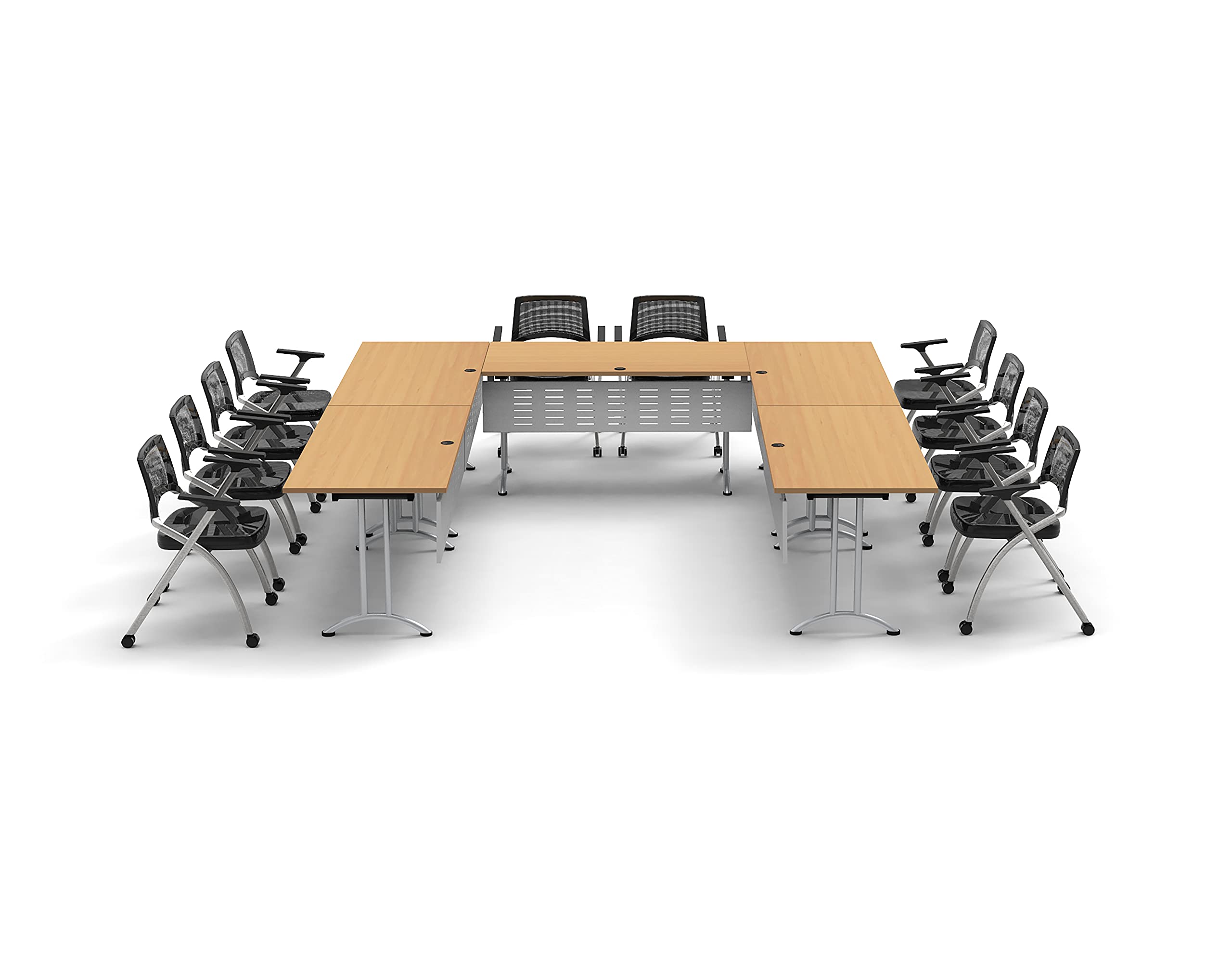 10-Person Folding Conference Table Set with 20 Beech Chairs & Modesty Panels - Model 7430 | Connectable Training Tables for Classrooms, Seminars & Meetings | Space-Saving Nesting Design for Compact Storage | Ideal for Office Training, School Events & Conference Rooms