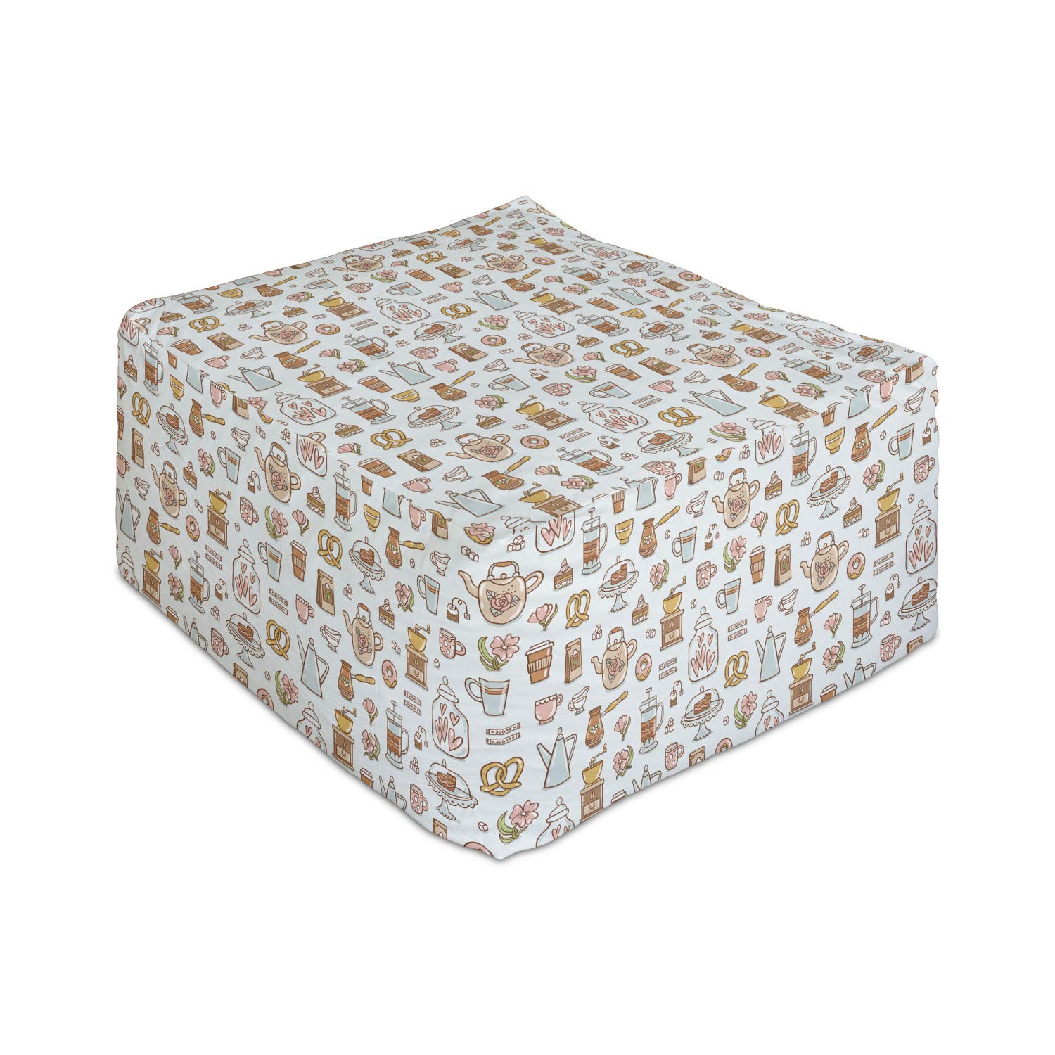 Ambesonne Tea Party Rectangle Pouf Ottoman - Coffee French Press, Mocha Pot, Cupcake & Pastry Print - 25