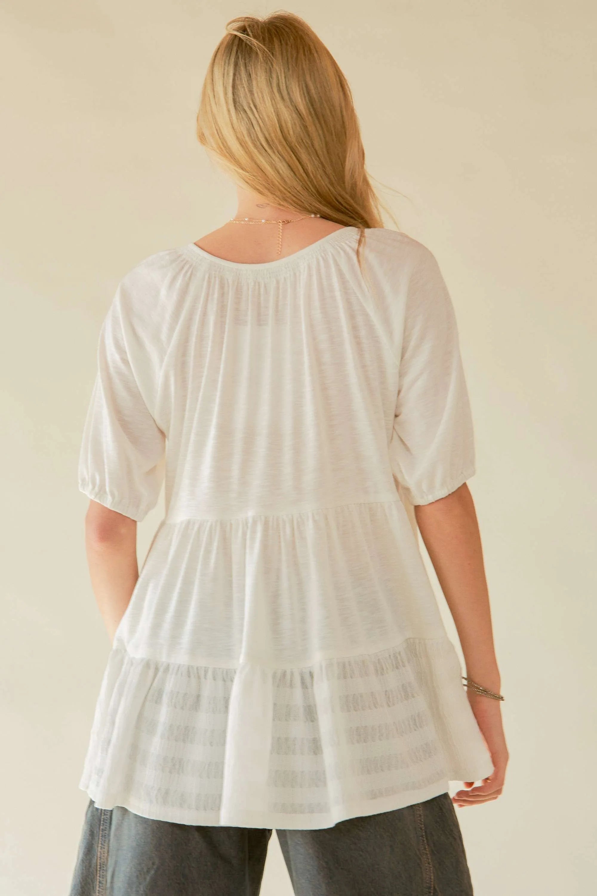 Boho White Ruffled Flare V-Neck Blouse for Women - Beachy Summer Top for Vacation, Date Night & Casual Outings