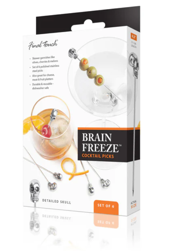 Final Touch Brain Freeze Skull Cocktail Picks - 12-Pack Stainless Steel Drink Stirrers for Halloween, Themed Parties & Home Bar Accessories - Perfect for Martinis, Cocktails & Beverage Garnishes