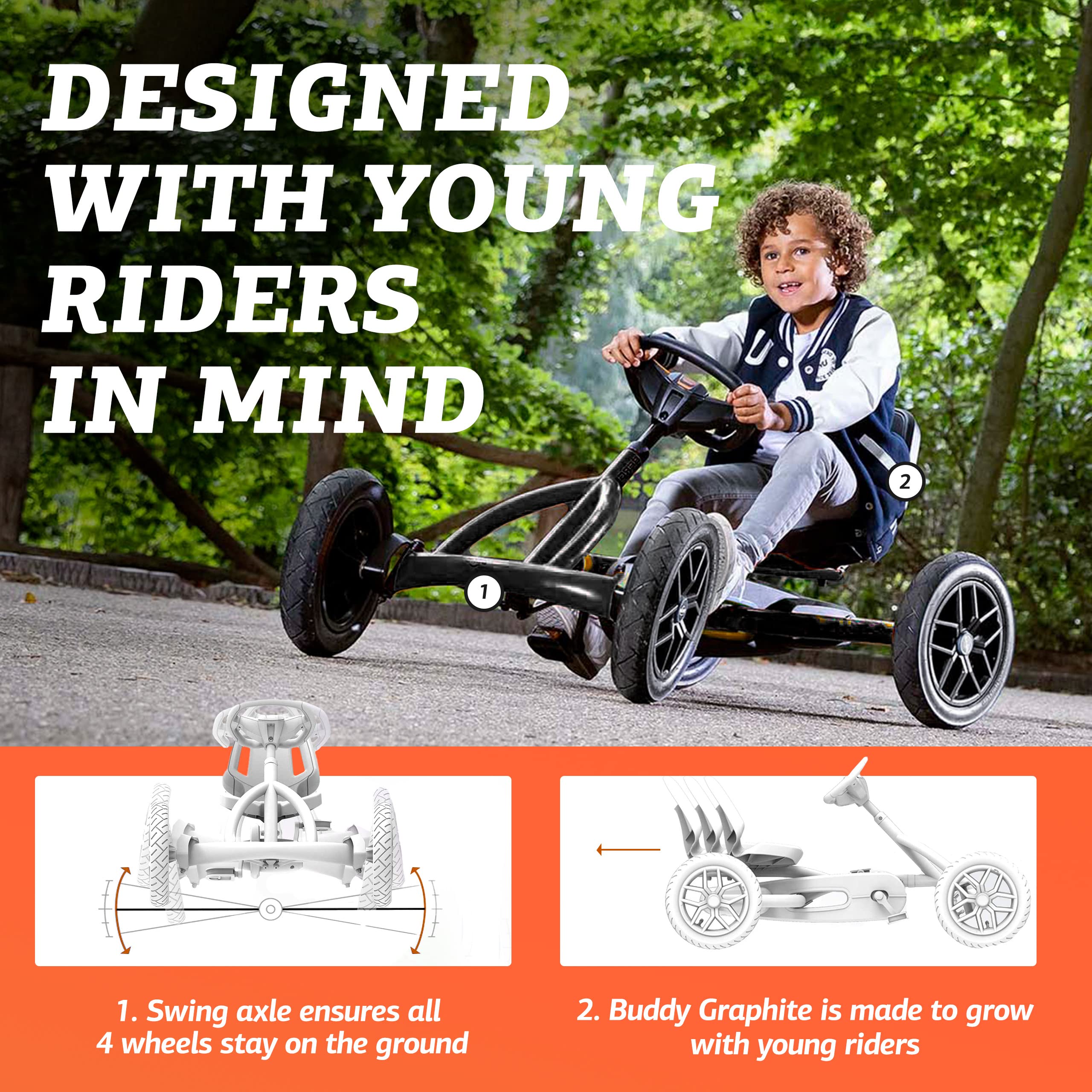 Berg Toys Buddy Graphite Pedal Go Kart for Kids Ages 3-8 | Adjustable Seat BFR System | Outdoor Ride-On Toy for Backyard & Park Play | Pedal Car for Children's Outdoor Activities (Graphite)