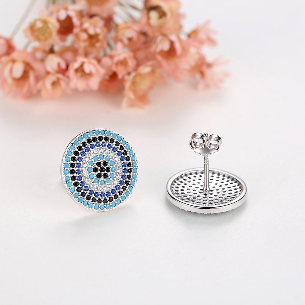 925 Sterling Silver Round Blue Evil Eye Stud Earrings with Turquoise Gemstone - Protection Jewelry for Women, Perfect Gift for Birthday, Travel & Everyday Wear