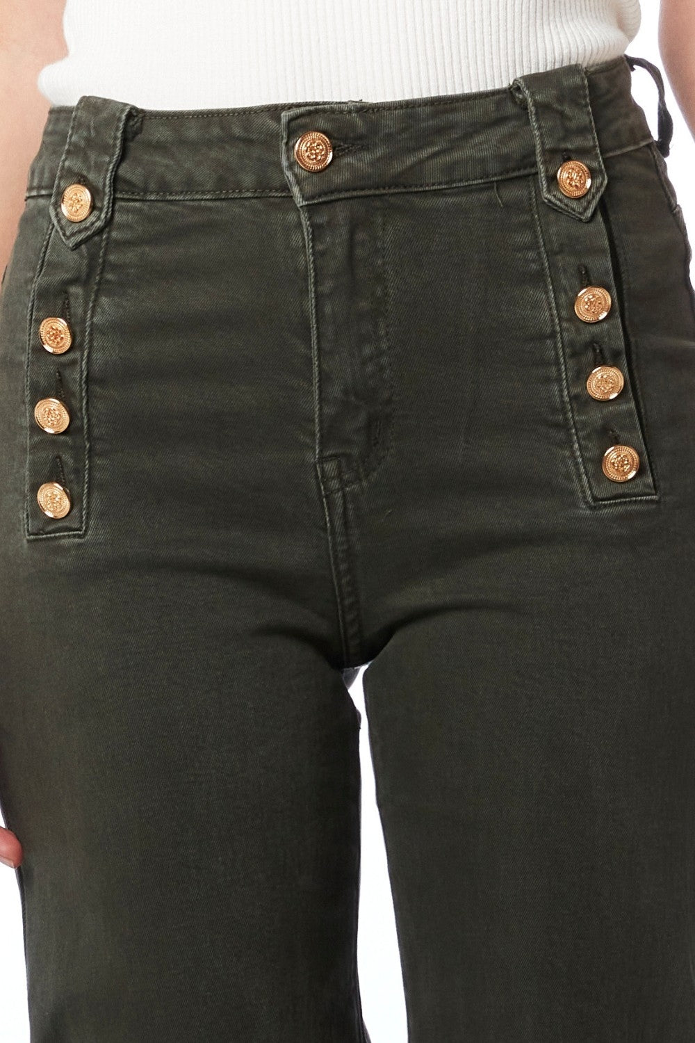 Women's High Waist Straight Leg Jeans with Gold Side Buttons in Khaki - Perfect for Casual Outings, Office Wear & Date Nights