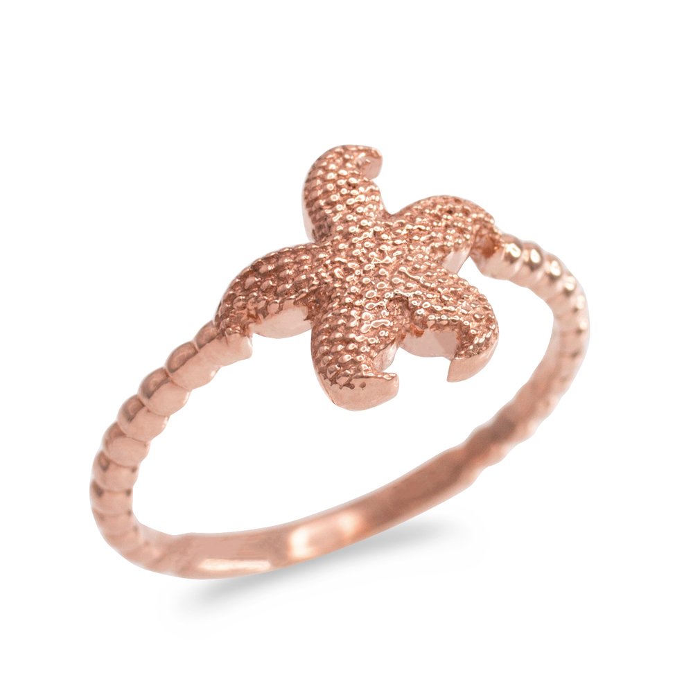 14K Rose Gold Beaded Band Textured Starfish Ring for Women - Dainty Beach Jewelry, Perfect for Vacation, Summer Outfits & Gift Giving