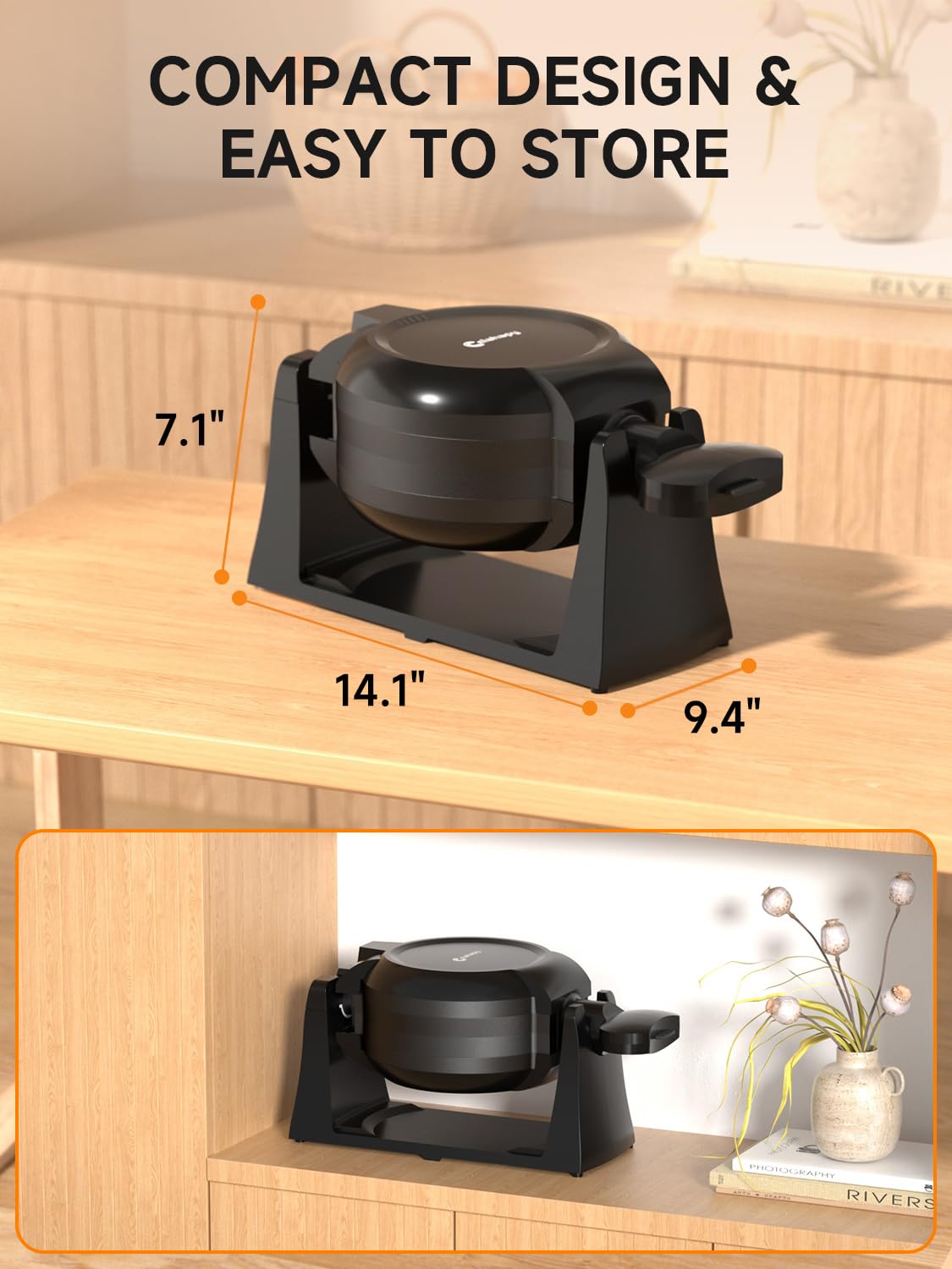Professional 1400W Double Belgian Waffle Maker with 180° Flip - 8 Slice Nonstick Rotating Plates, Removable Drip Tray & Cool Touch Handles - Perfect for Breakfast, Brunch, and Family Gatherings - Space Saving Black Waffle Iron for Home & Restaurant Use
