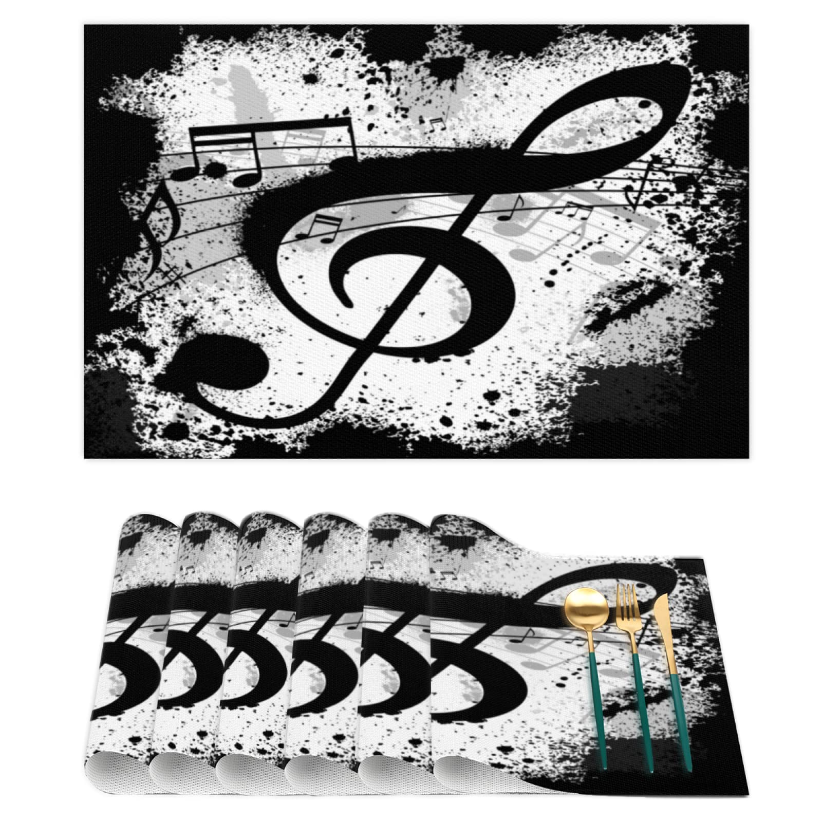 Music Note Black Placemats Set of 6 - Heat & Stain Resistant PVC Vinyl Table Mats for Kitchen & Dining - Washable Woven Placemats for Everyday Use, Dinner Parties & Home Decor