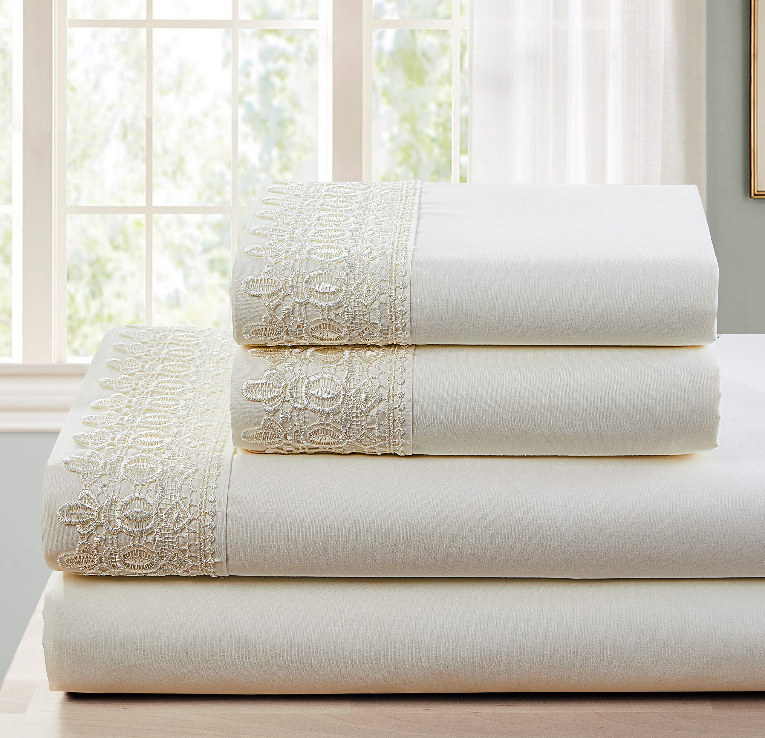 Spirit Linen Queen Size Sheet Set - Ultra Soft Microfiber Bedding with Lace Trim, Lightweight & Breathable for Year-Round Comfort (Queen, Ivory) | Perfect for Master Bedrooms, Guest Rooms & Vacation Homes