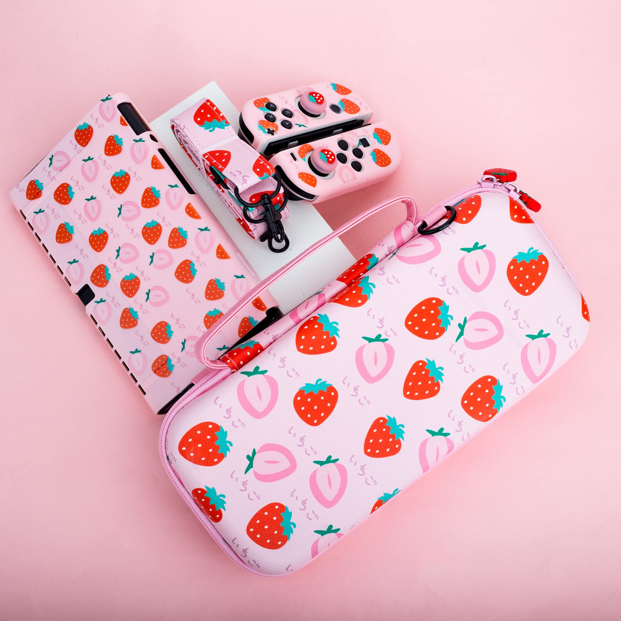 FUNDIARY Pink Strawberry Travel Carrying Case for Nintendo Switch OLED - Shockproof Storage Bag with Soft TPU Protective Case, Screen Protector, Shoulder Strap & 2 Thumb Caps | Portable Gaming Accessories Kit for Travel, Commuting & Outdoor Gaming