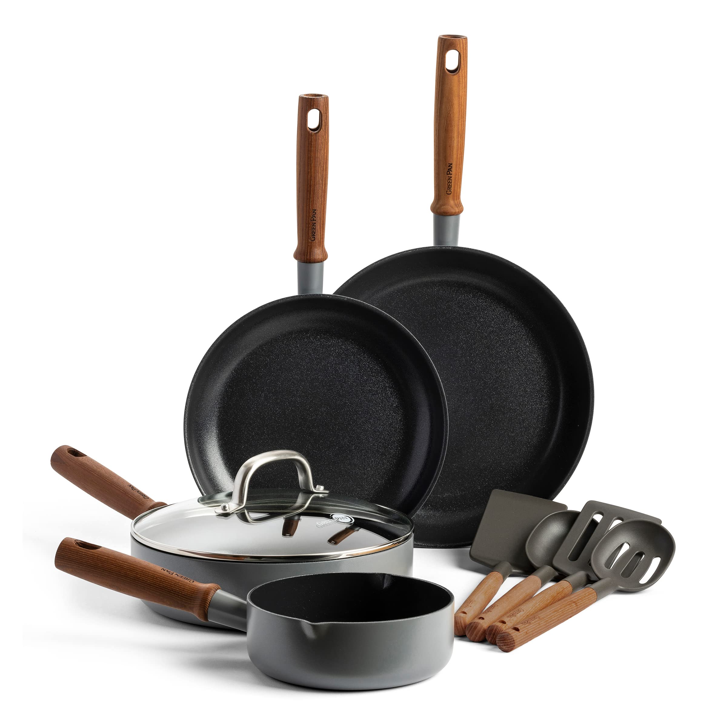 GreenPan Mayflower Pro Hard Anodized Healthy Ceramic Nonstick 9-Piece Cookware Set - PFAS-Free, Induction Compatible, Vintage Wood Handle, Charcoal Gray - Perfect for Everyday Cooking, Family Meals & Healthy Meal Prep