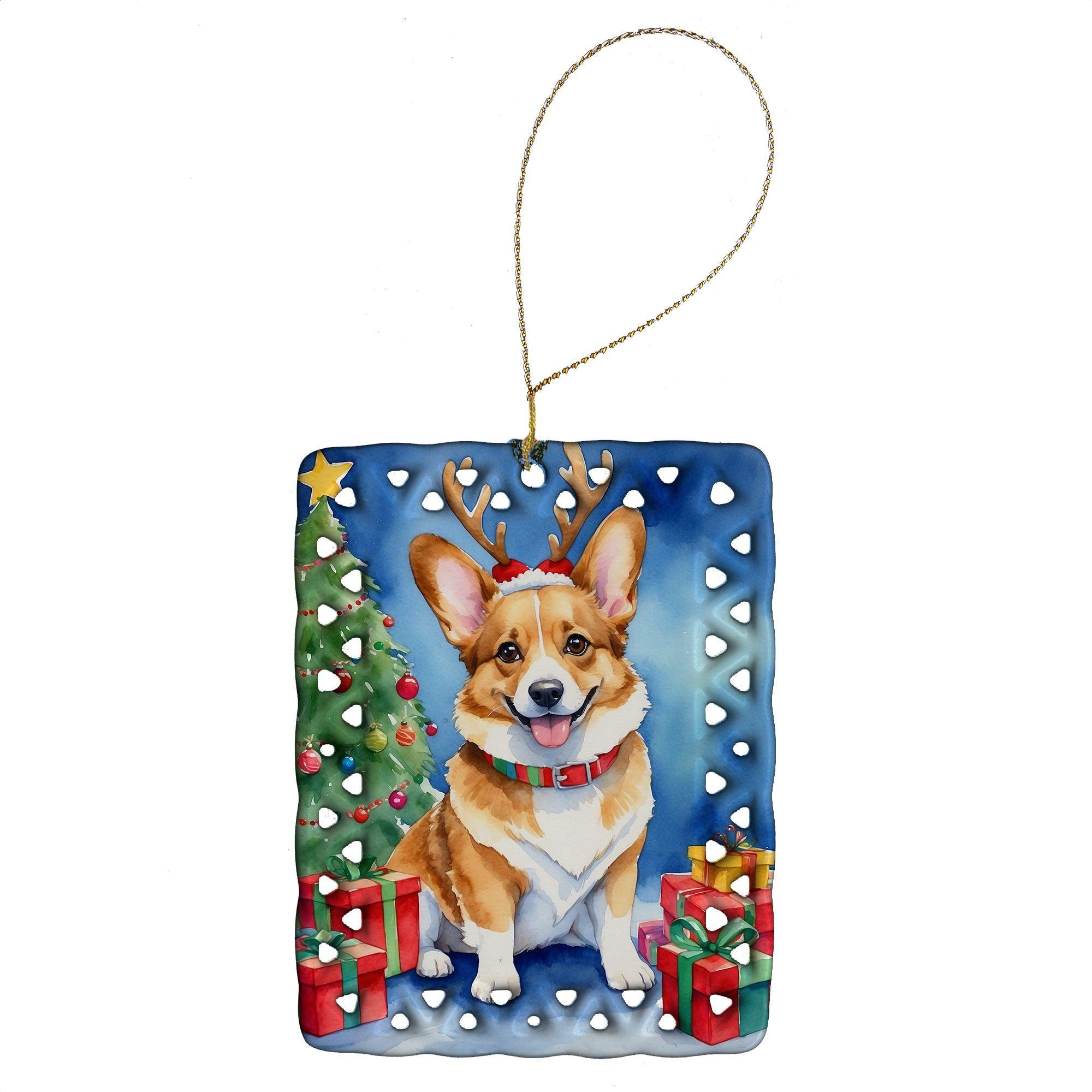 Corgi Christmas Reindeer Porcelain Ornament - Handmade Holiday Tree Hanging Decor for Home, Xmas Gift (Rectangle, Multicolor) - Perfect for Christmas Tree Decorating, Holiday Party Favors & Festive Home Decor