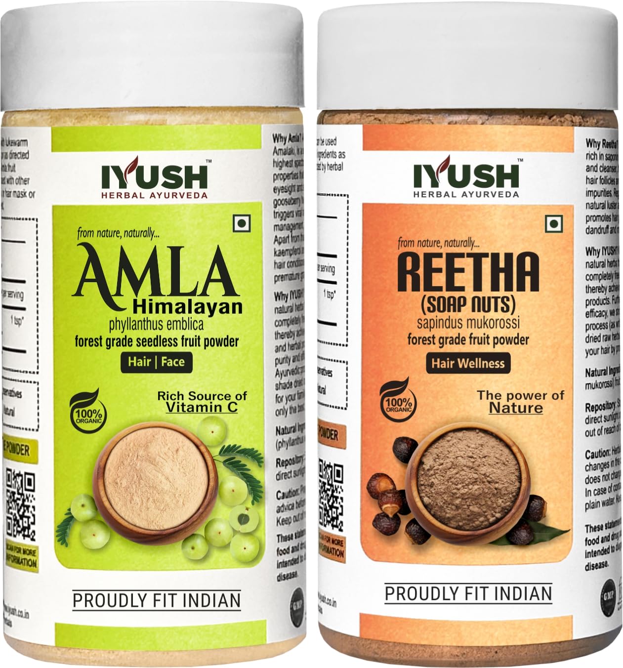 IYUSH Herbal Ayurveda Amla & Reetha Powder for Hair Growth & Scalp Care - 100% Natural Hair Treatment (Pack of 2 x 100g) - Promotes Stronger, Longer Hair & Reduces Hair Fall - Perfect for DIY Hair Masks & Ayurvedic Hair Care Routines