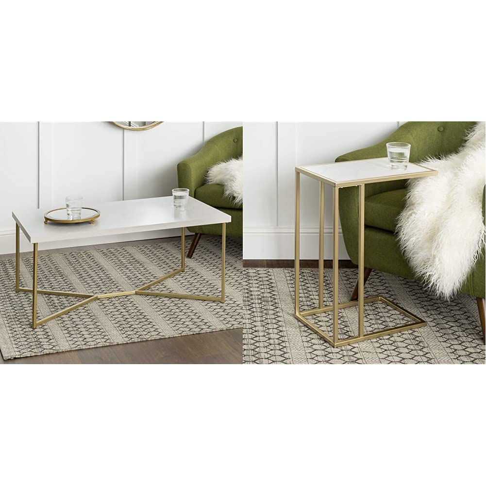 Mid Century Modern Coffee Table with Metal Base & Marble Top - Stylish Glam Side Table for Living Room, Bedroom, or Office Decor - Walker Edison & Brentwood Inspired Design in Gold Finish