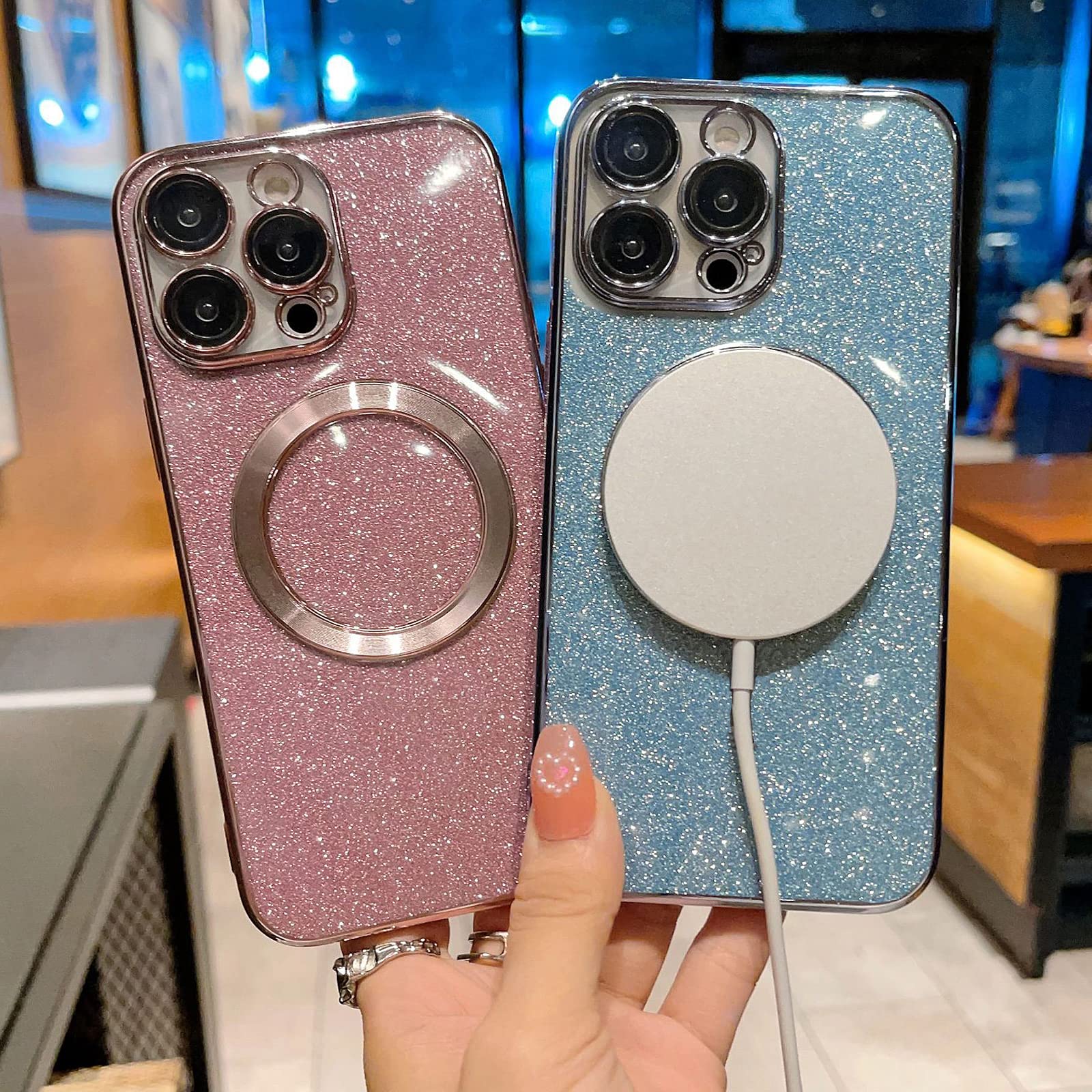 Aowner Magnetic Glitter Case for iPhone 15 Plus - Luxury Plating Bling with Camera Lens Protector | MagSafe Compatible Slim Thin Shockproof Protective Clear Phone Cover for Women & Girls | Perfect for Everyday Use, Parties & Gift Giving (Pink)