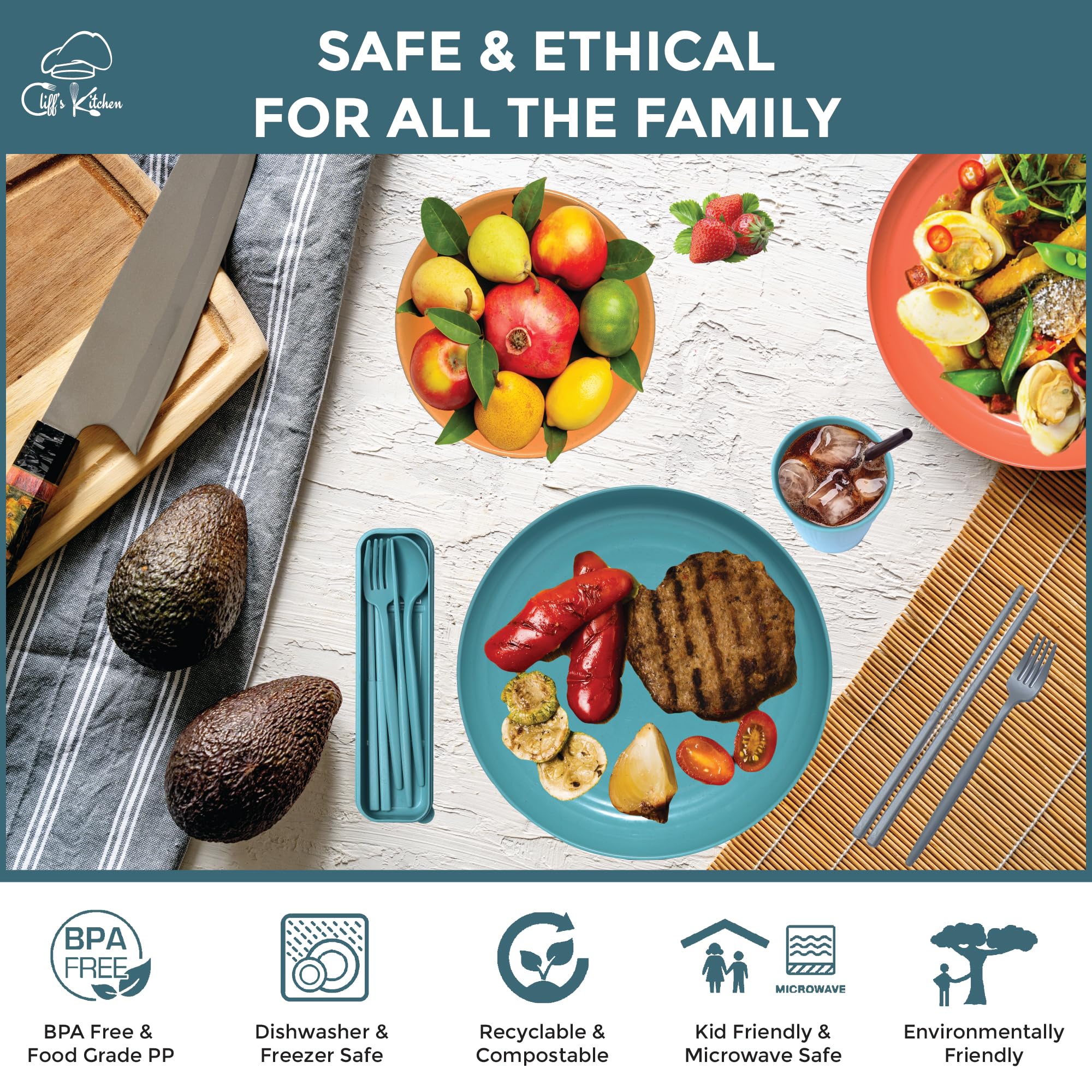 48 Pcs Eco-Friendly Wheat Straw Dinnerware Set for 6 - Unbreakable, BPA-Free Plates, Bowls & Cups - Microwave & Dishwasher Safe - Lightweight RV Camping Dishes for Outdoor Picnics, Parties & Travel