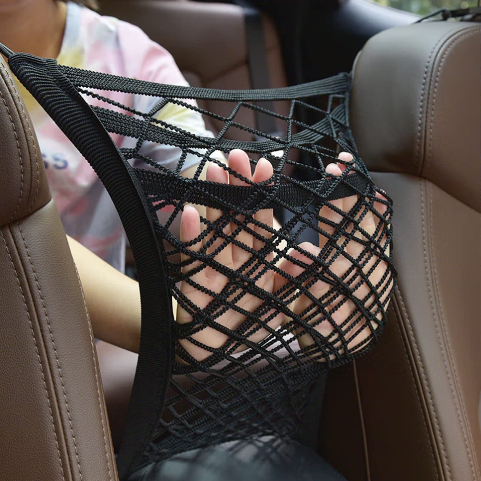 3-Layer Adjustable Car Seat Back Mesh Organizer with Hooks - Universal Car Storage Net Pocket for Kids & Pets Safety - Perfect for Road Trips, Family Travel & Pet Carriers
