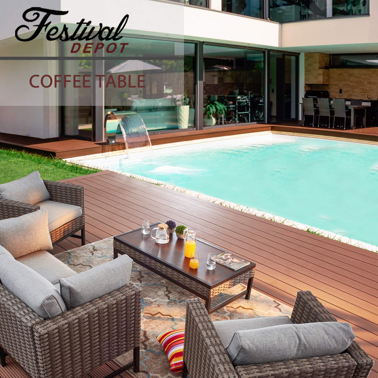 Festival Depot Metal Outdoor Side Coffee Table - Wood Grain Top Wicker Rattan Patio Furniture with Steel Legs in Brown/Black (Rectangle) - Perfect for Garden, Balcony, Living Room & Dining Area Decor