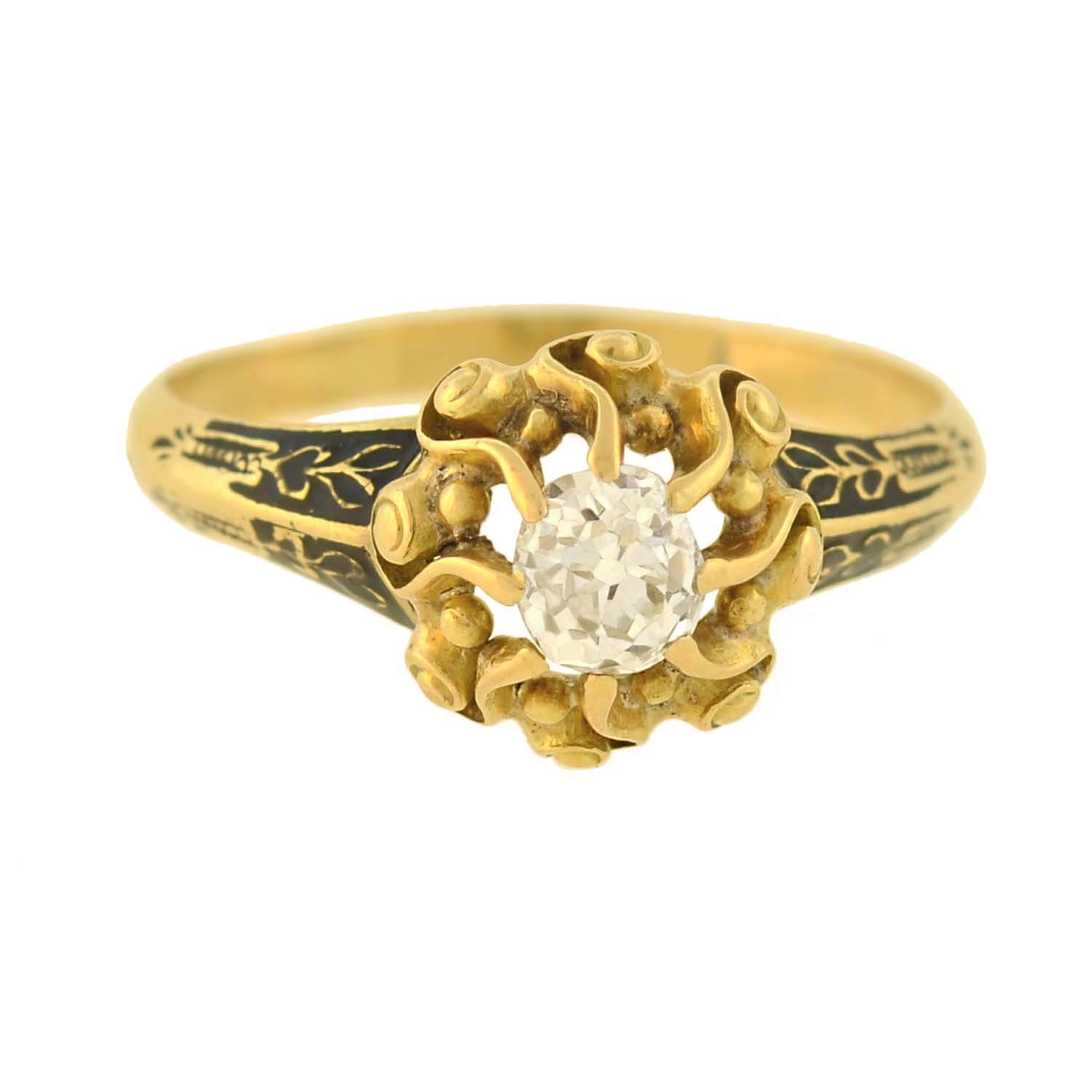18kt Gold Enameled Diamond Engagement Ring 0.60ct - Georgian Style Vintage Wedding Band for Women, Perfect for Proposals, Anniversaries & Special Occasions
