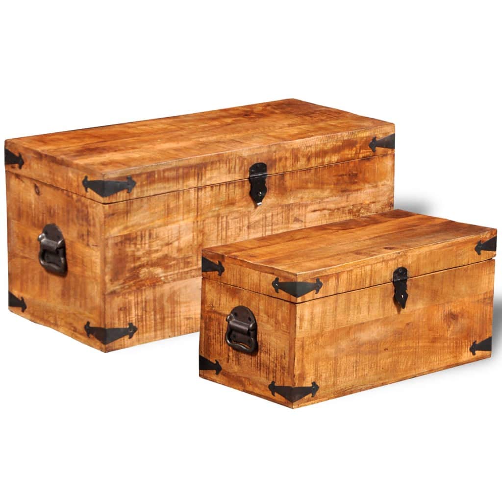 2-Piece Mango Wood Storage Chest Set - Toy Box, Storage Basket & Retro Entryway Bench - Large Sturdy Trunk for Living Room & Bedroom - Easy Assembly - Perfect for Organizing Toys, Blankets & Home Decor