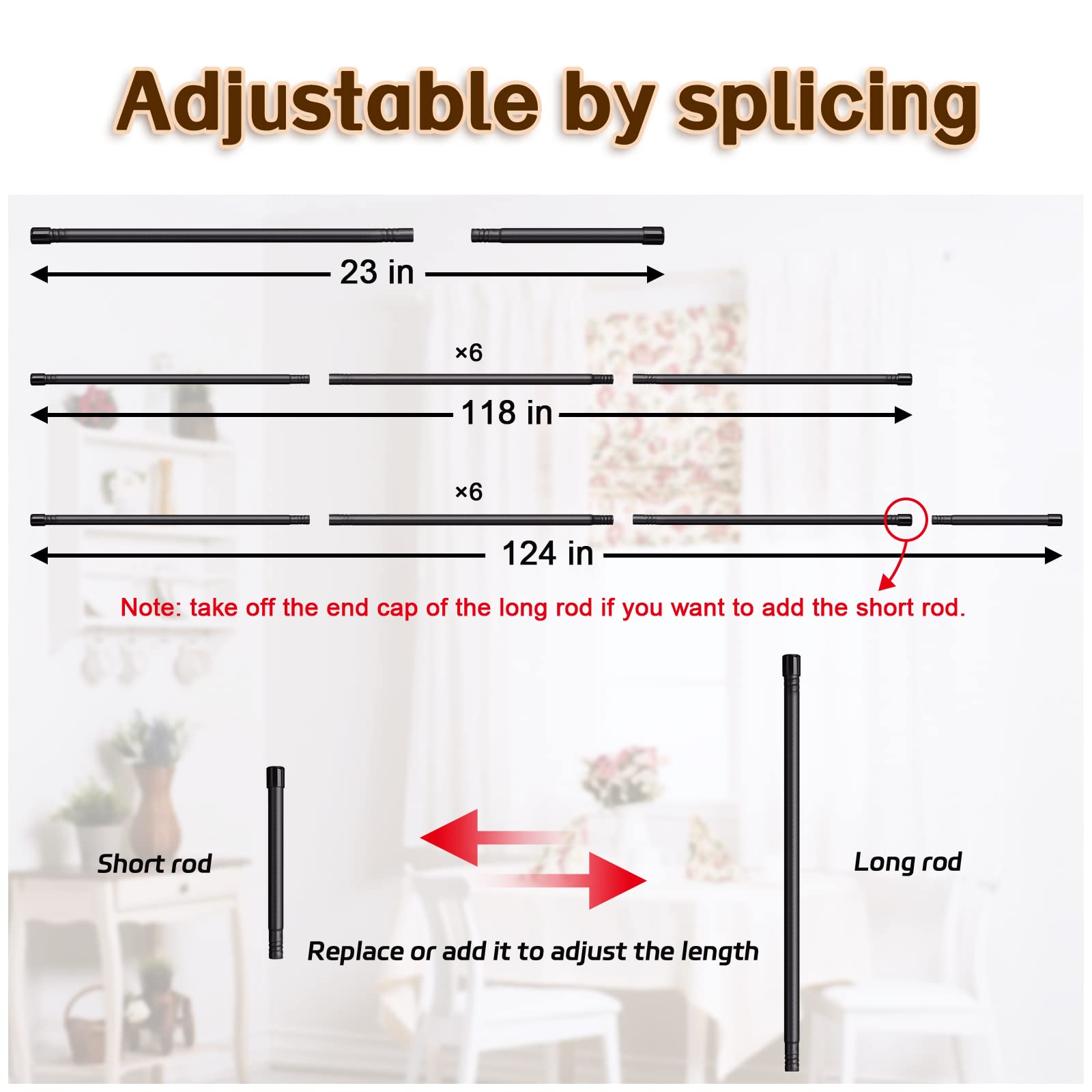 Matte Black Heavy Duty Curtain Rod Set (5/8 Inch) - Adjustable 23 to 124 Inches for Windows 66-120 - Includes Sturdy Brackets for Small Drapery - Perfect for Living Room, Bedroom & Home Decor