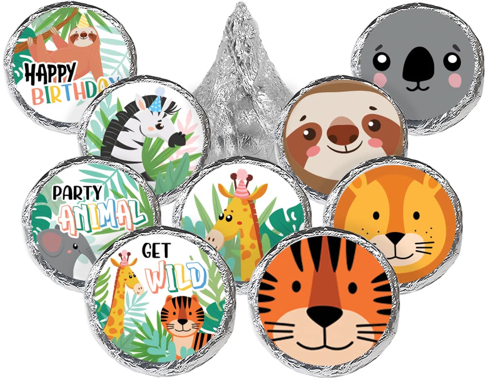 Wild Jungle Birthday Party Favors - Chocolate Kisses Candy Stickers & Party Animal Decorations (180 Labels) - Perfect for Kids Birthday Parties, Baby Showers & Themed Events