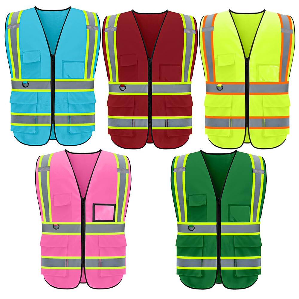 Custom Logo Reflective Safety Vest with 5 Pockets & Zipper - High Visibility Work Vest for Outdoor Construction, Road Work & Night Running - ANSI Certified Safety Gear