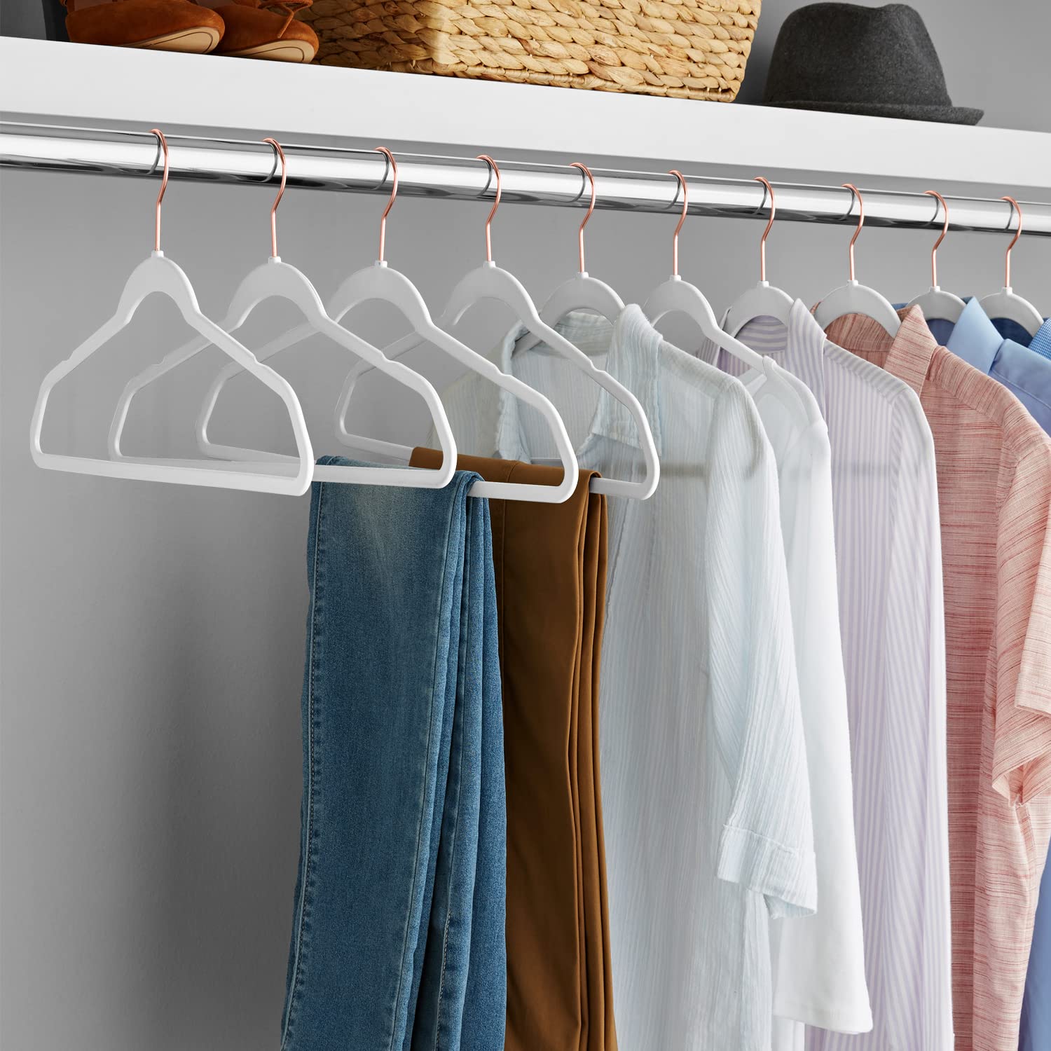 50 Pack Velvet Clothes Hangers - Heavy Duty Durable Suit Hangers with Non-Slip Design, Space Saving for Closet Organization (White/Rose Gold) - Perfect for Dresses, Coats, Blouses and Wardrobe Storage