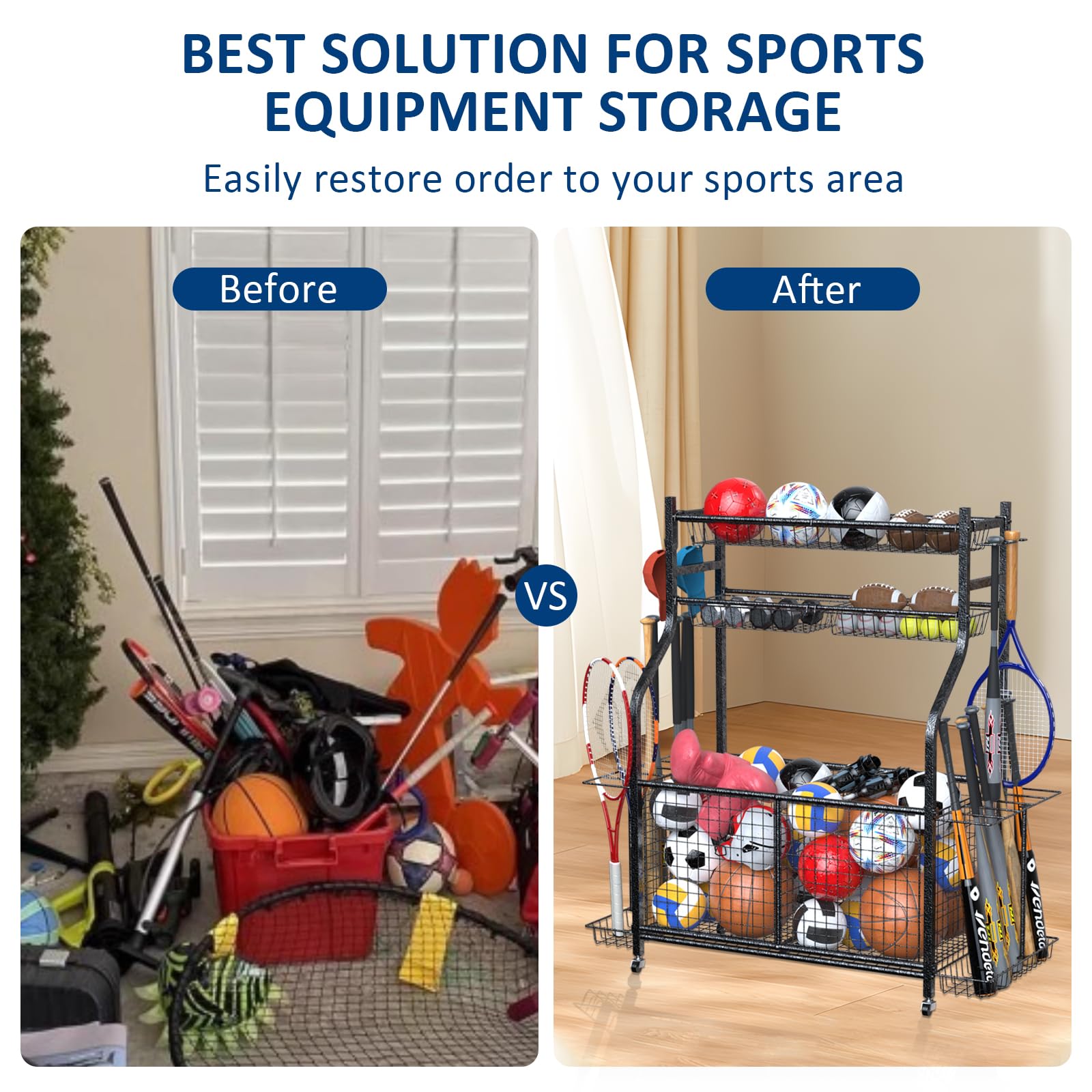 Aiglerouge Garage Sports Equipment Organizer - Heavy Duty Wall Mounted Storage Rack with Hooks & Baskets for Basketball, Football, Soccer, Bats, Toys & Outdoor Gear - Perfect for Garage, Basement & Backyard Organization