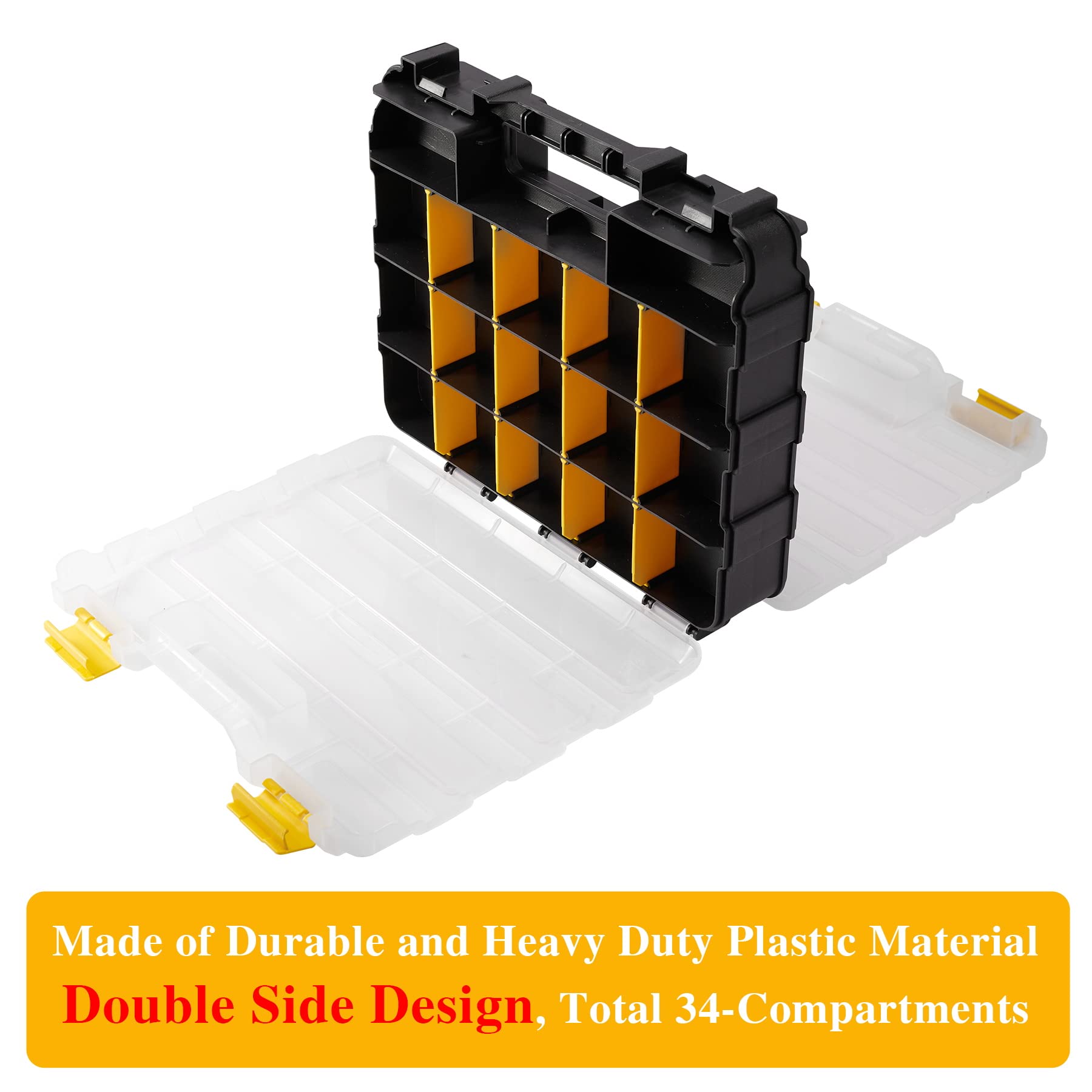 34 Compartment Small Parts Organizer Box - Durable Plastic Hardware Storage with Removable Dividers for Nuts, Bolts, Screws & Nails - Double-Sided Tool Box for DIY, Workshop & Home Organization (Yellow)