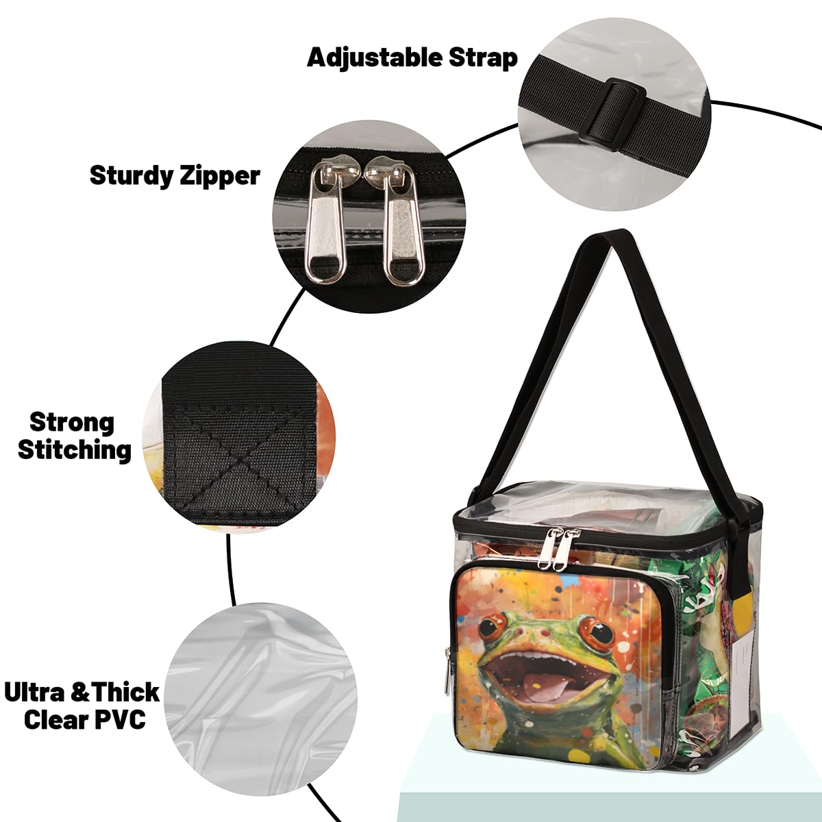 GzLeyigou Waterproof Transparent Frog Tote Bag - Clear Crossbody Shoulder Bag with Handles for Lunch, Outdoor Activities, Travel, Picnics, Concerts & Sports Events | Stadium Approved Multipurpose Purse for Women & Teens
