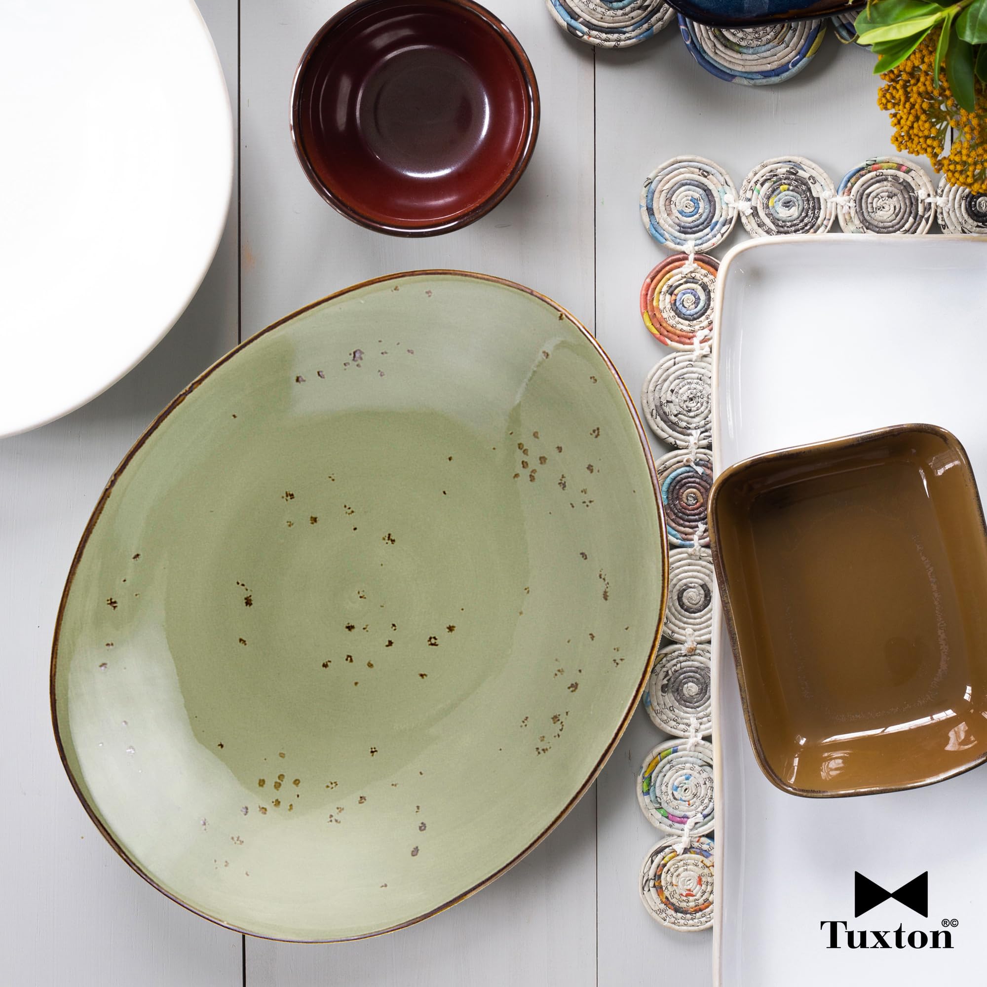 Tuxton Artisan Geode Olive Reactive Natural 12-Inch Ellipse Plate Set of 12 - Scratch & Chip Resistant, Lead & Cadmium Free, Dishwasher/Microwave/Oven Safe - Perfect for Dinner Parties, Holiday Entertaining & Upscale Home Decor
