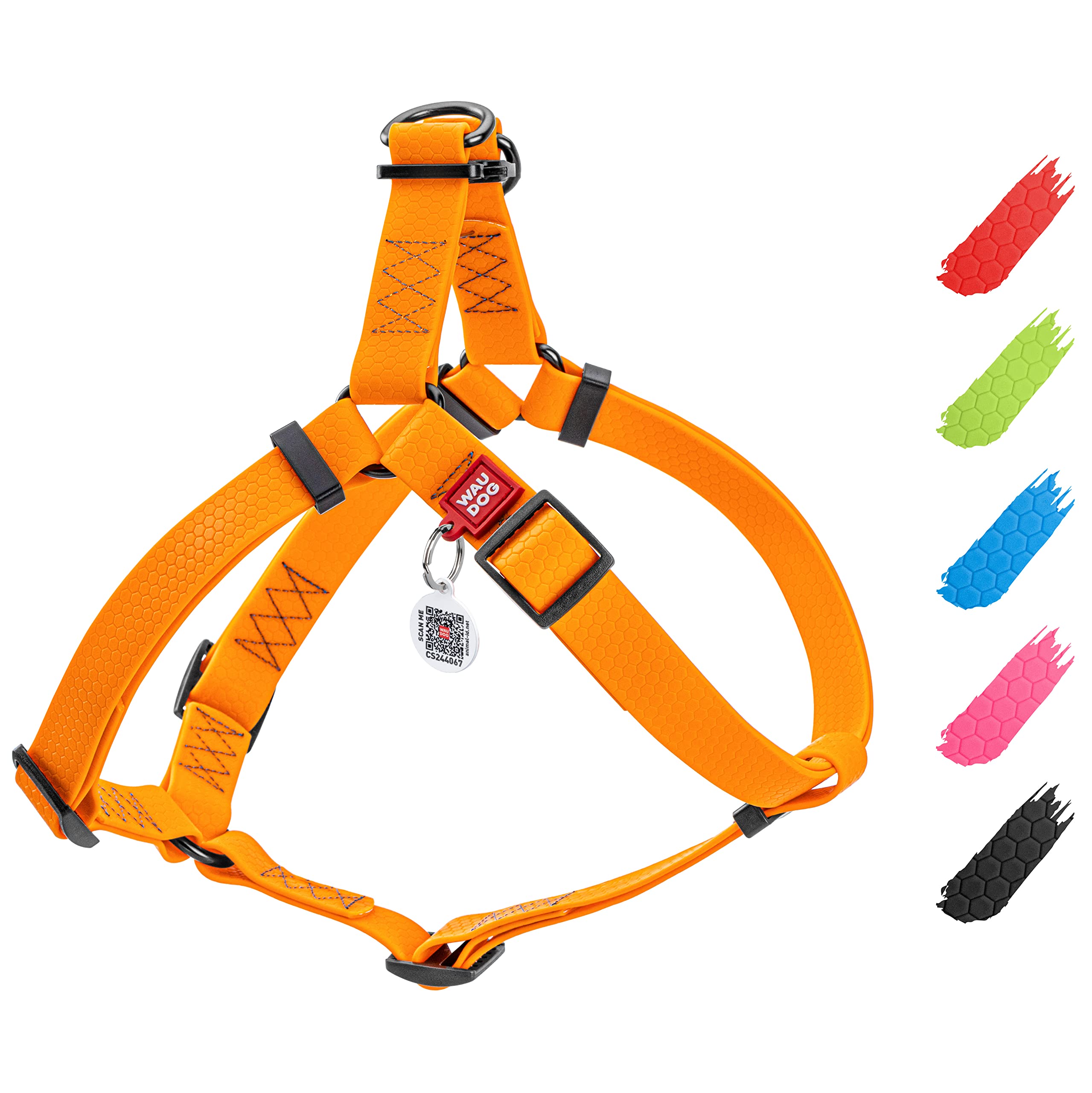 WAUDOG Waterproof Dog Harness - Adjustable Reflective Pet Vest for Large, Medium & Small Dogs - Heavy Duty Outdoor Harness with Durable Metal Buckle & QR ID Tag - Perfect for Hiking, Running & Daily Walks - Orange (16-22in)