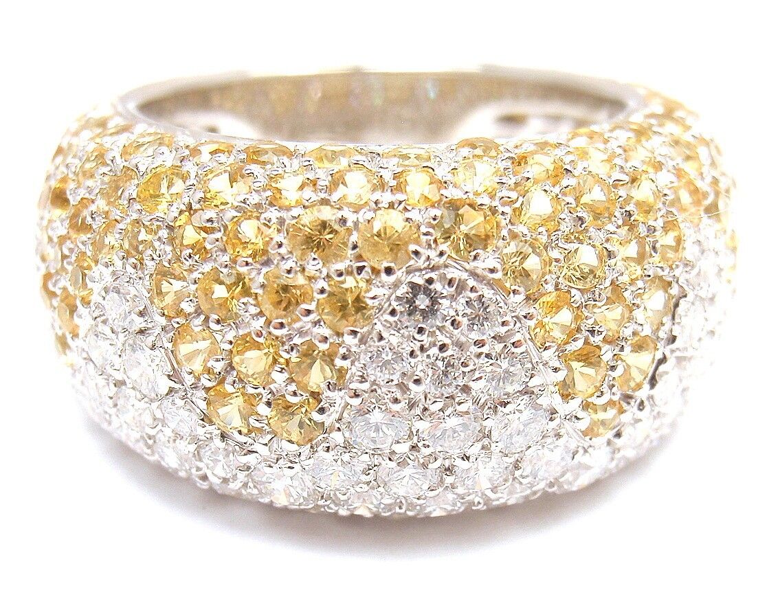 Authentic Chopard 18K White Gold Yellow Sapphire Diamond Wave Wide Band Ring for Women - Luxury Statement Jewelry for Weddings, Anniversaries & Special Occasions