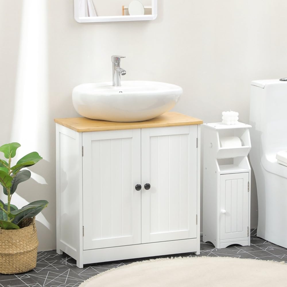 White & Dark Walnut Double Door Pedestal Sink Storage Cabinet - Bathroom Vanity Organizer with Shelves for Towels & Toiletries - Perfect for Small Bathrooms & Powder Rooms