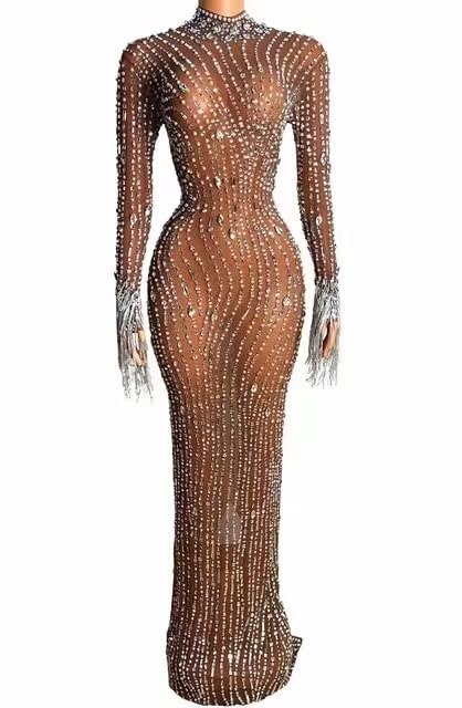 Sparkly Rhinestone Evening Gown with Transparent Fringe Sleeves - Elegant Silver Party Dress for Birthday Celebration, Dance Performance & Stage Costume | Perfect for Prom, Cocktail Parties & Special Occasions