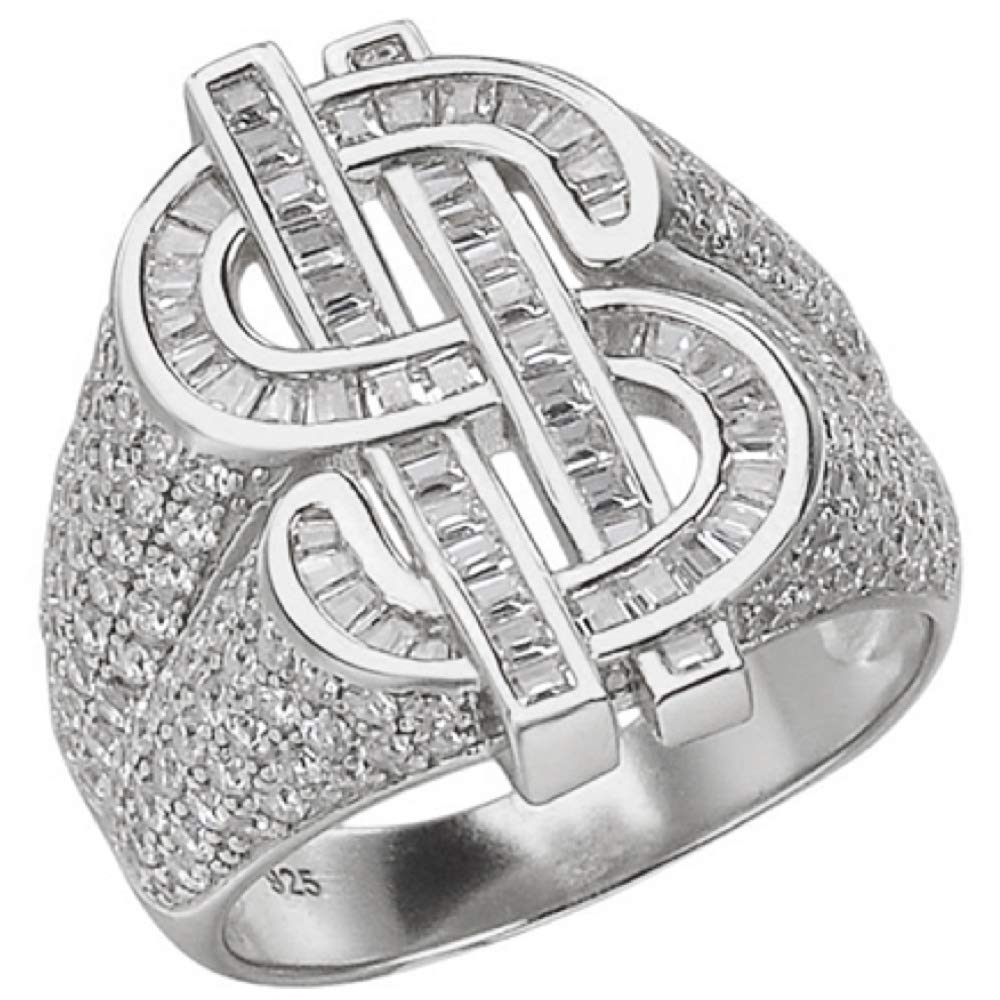 HarlemBling Solid 925 Sterling Silver Money $ Sign Ring for Men - Iced Baguette Diamond Hip Hop Jewelry - Sizes 7-13 - Perfect for Rappers, Hip Hop Artists & Streetwear Fashion