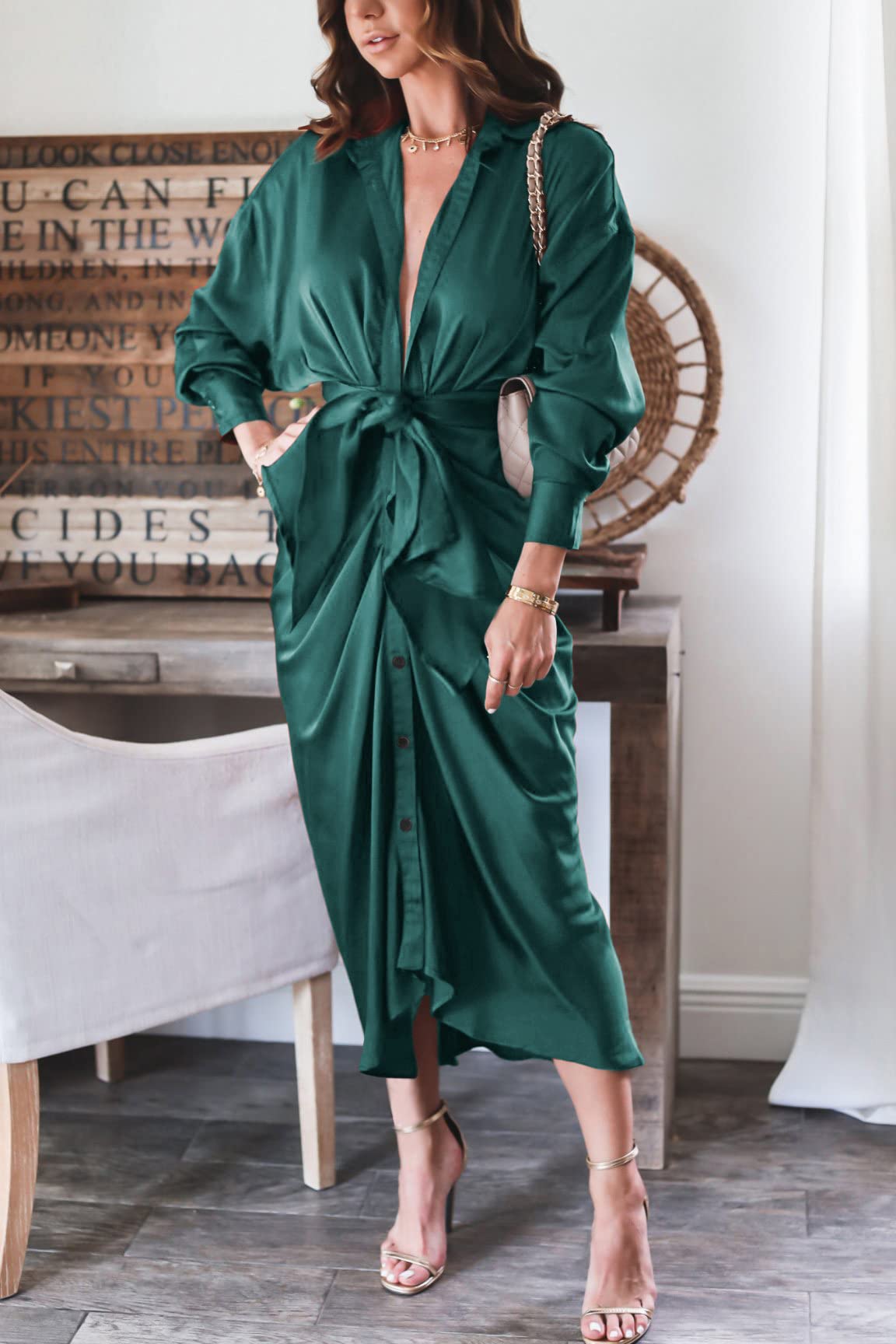 BTFBM Women's Long Sleeve Satin Dress - Elegant V Neck Button Down Maxi Dress with Belt & Ruched Detail for Spring Summer 2025 | Perfect for Weddings, Parties & Office Wear
