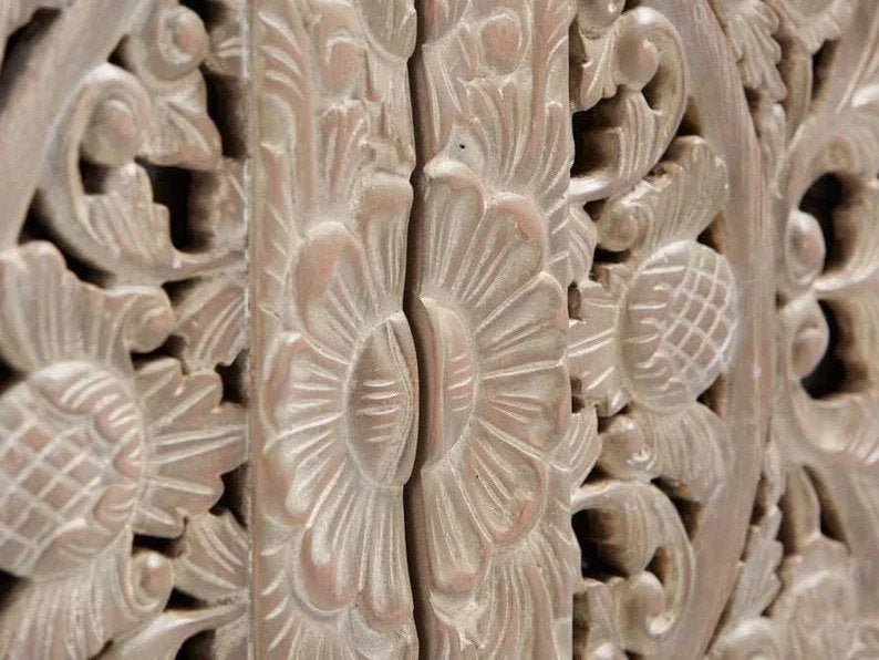 Hand Carved Mandara Media Console TV Stand - Natural Wood Entertainment Center for Living Room, Bedroom & Home Theater