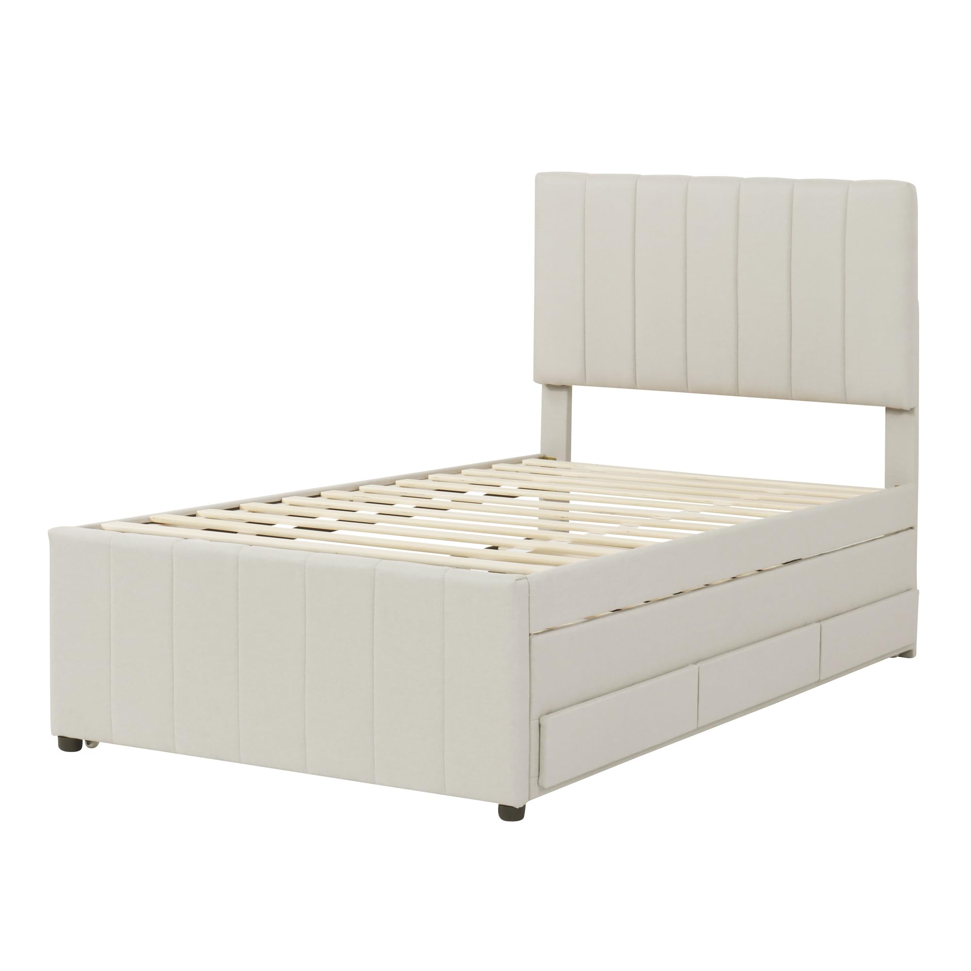 MERITLINE Twin Size Platform Bed with Pull-Out Trundle & 3 Storage Drawers - Linen Upholstered Bed Frame with Headboard for Kids, Teens & Adults - Space-Saving Bedroom Furniture for Small Rooms & Guest Rooms (Twin, Beige)