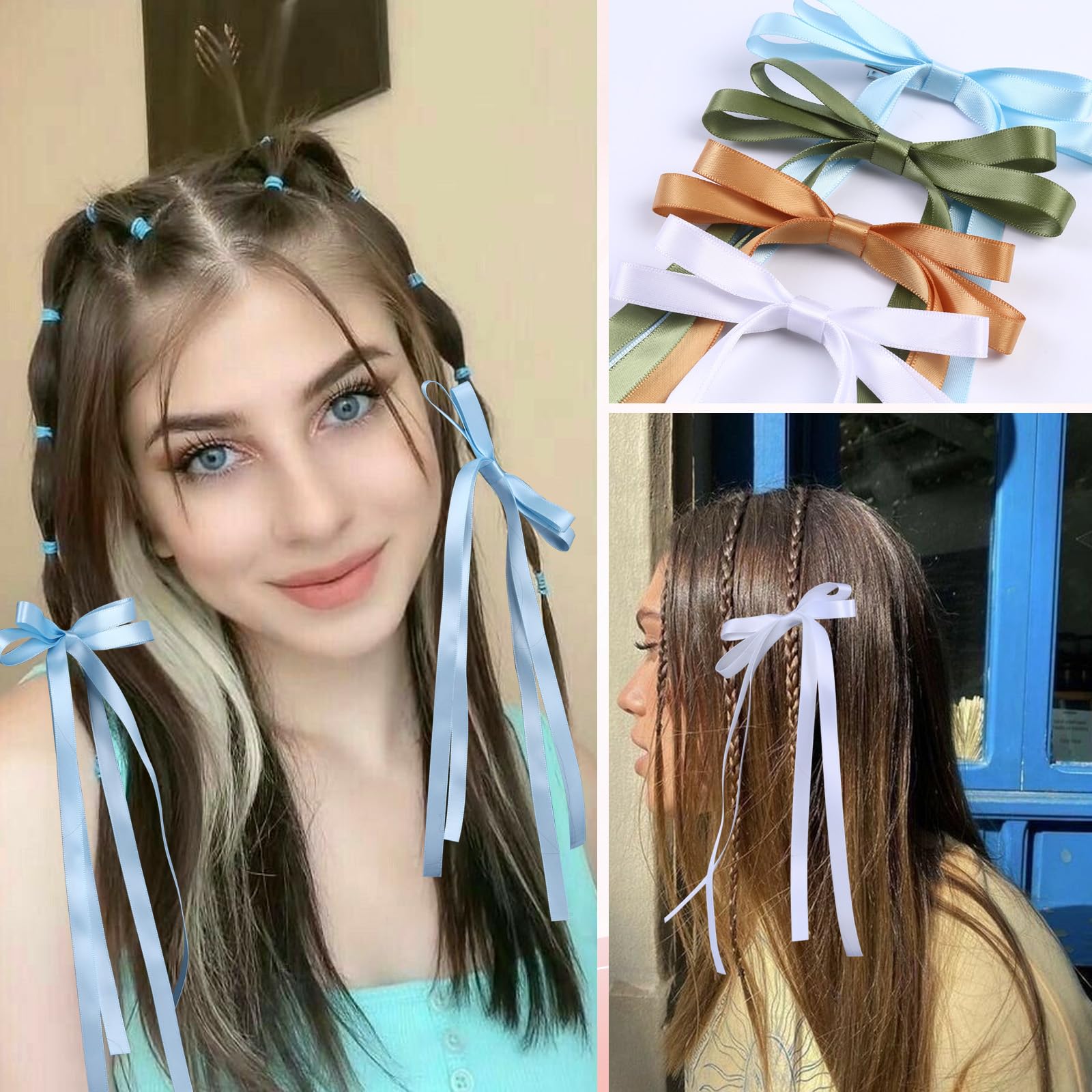 16pcs Elegant Hair Bow Clips for Women & Girls - Long Tail Tassel Bowknot Barrettes, Silky Satin Ponytail Holders (White/Blue/Green/Gold) - Perfect for Weddings, Parties & Daily Hair Styling