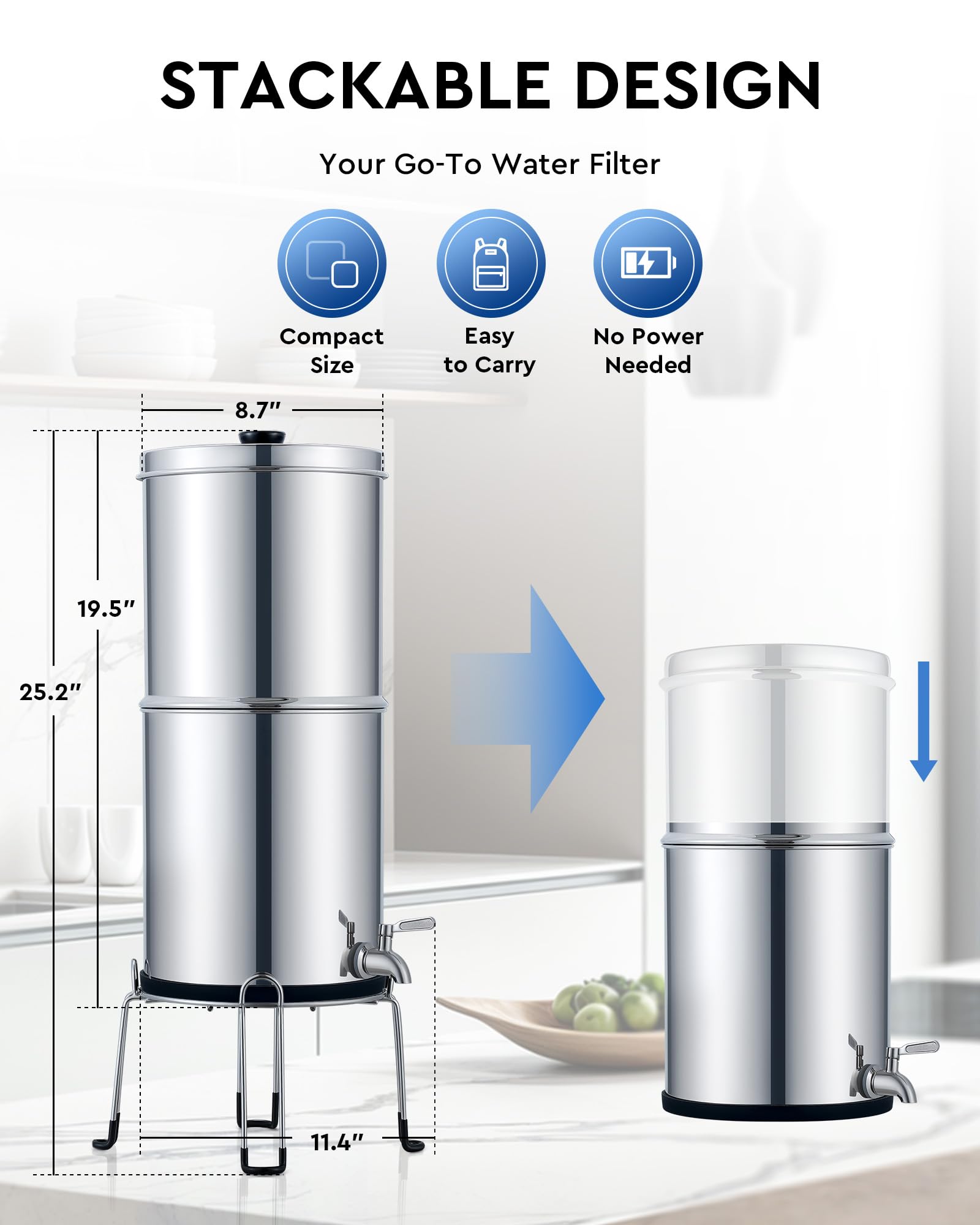 CO-Z 2.25 Gallon Gravity-Fed Water Filter System - NSF/ANSI 42 Certified Countertop Water Purifier with 4 Carbon Filters, Stainless Steel Design & Spigot - Perfect for Home, Office, Camping & Emergency Preparedness